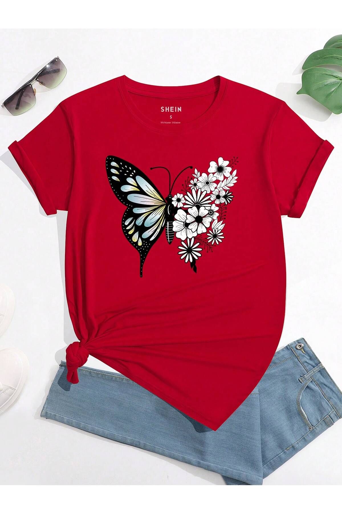 aynewmoda Kelebek ve çiçek desenli kısa kollu yuvarlak yakalı tişört