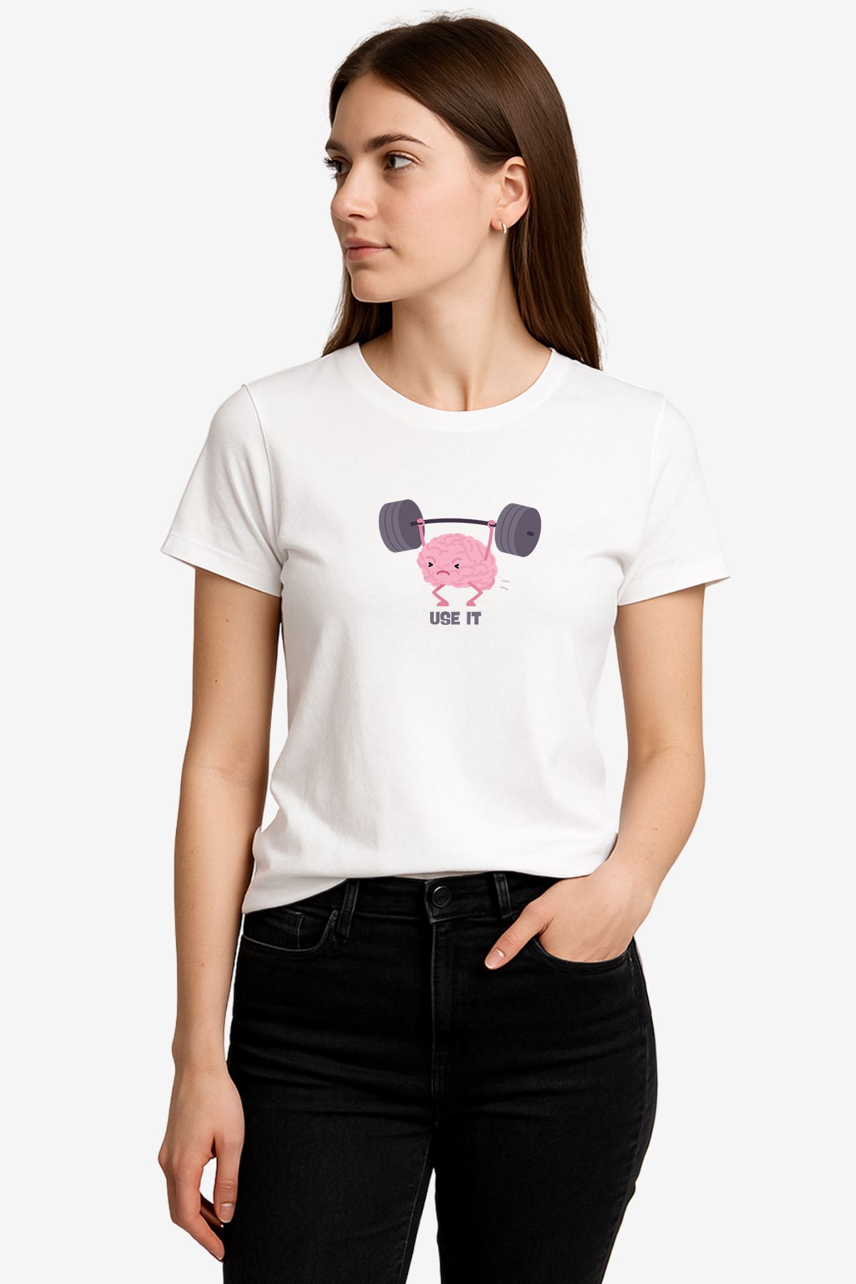 FANA Kadın Beyaz Tişört Beyin Figürlü Komik Slogan Baskılı Yazlık T-shirt