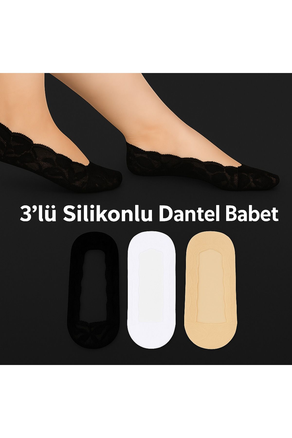 DANTEL Kadın yeni sezon silikonlu dantelli babet çorabı 3 lü