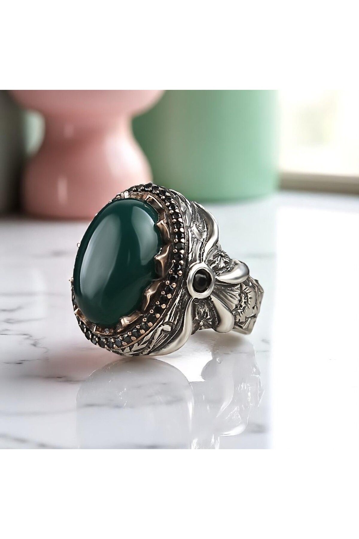 Asteria Jewelry Yeşil Akik Taşlı Gümüş Yüzük