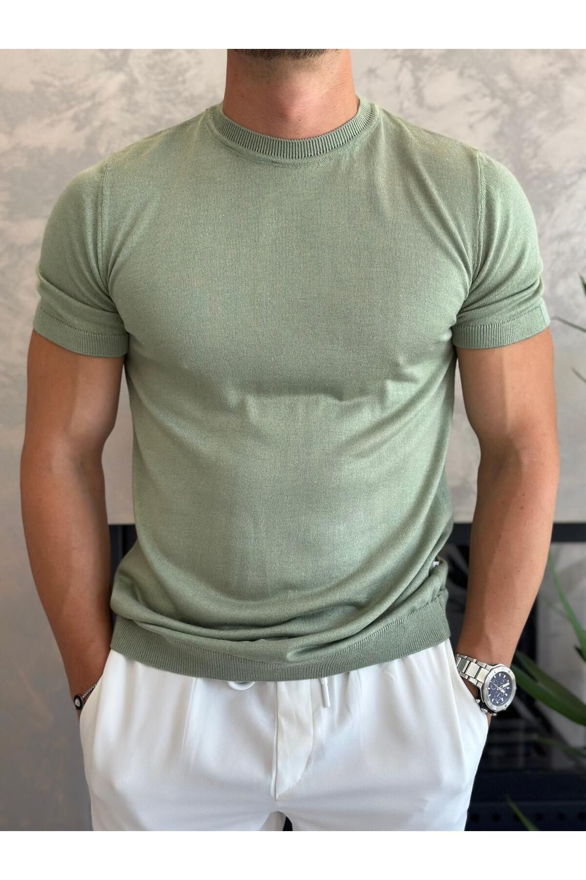 ECARTS Erkek Slim Fit Pamuklu Bisiklet Yaka Tshirt Yeşil Eca021