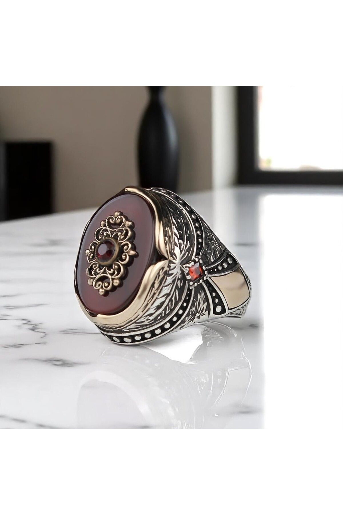 Asteria Jewelry Kırmızı Akik Taşlı Gümüş Yüzük