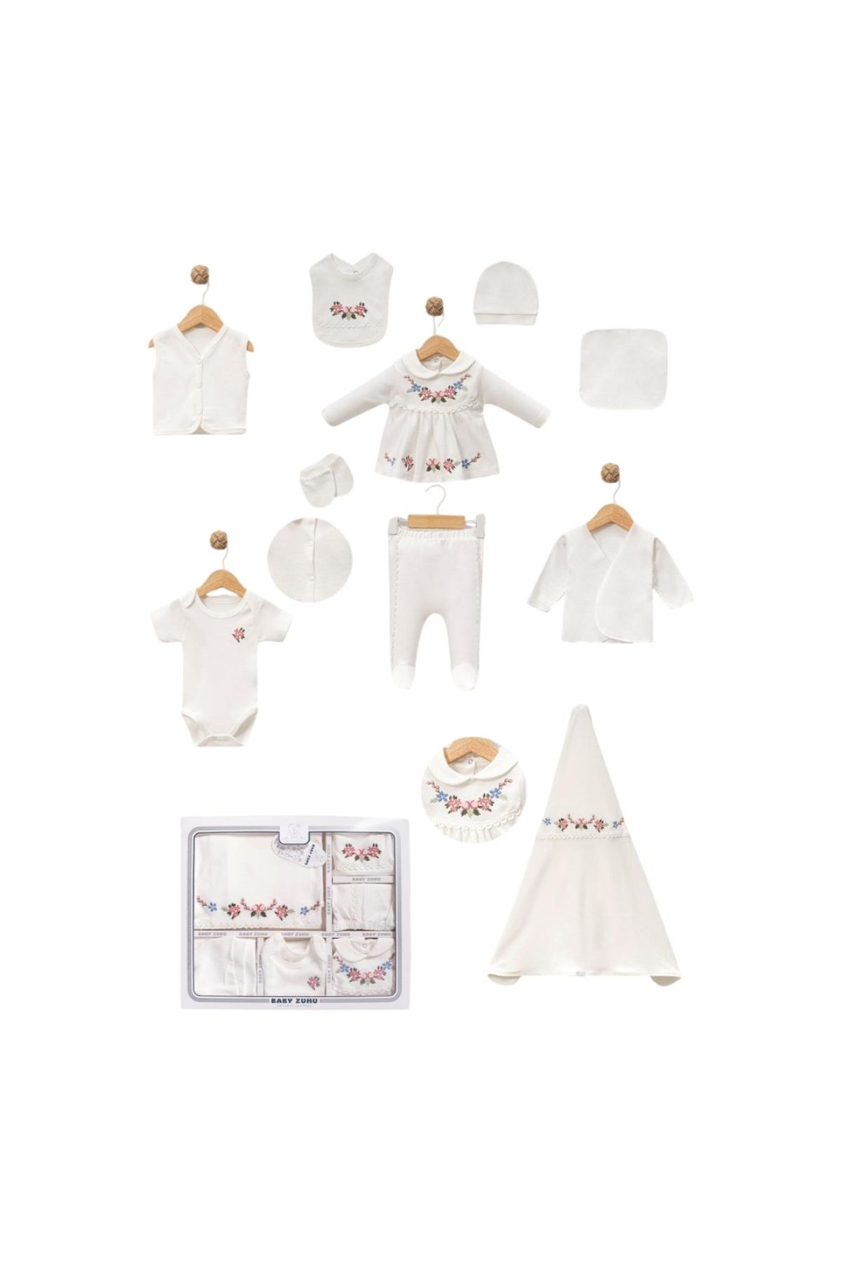 BABY ZUHU BEBE YAKALI ÇİÇEKLİ KIZ BEBEK 10' LU HASTANE ÇIKIŞI %100 PAMUK NATURAL İŞLEMELİ SET 0-3 AY
