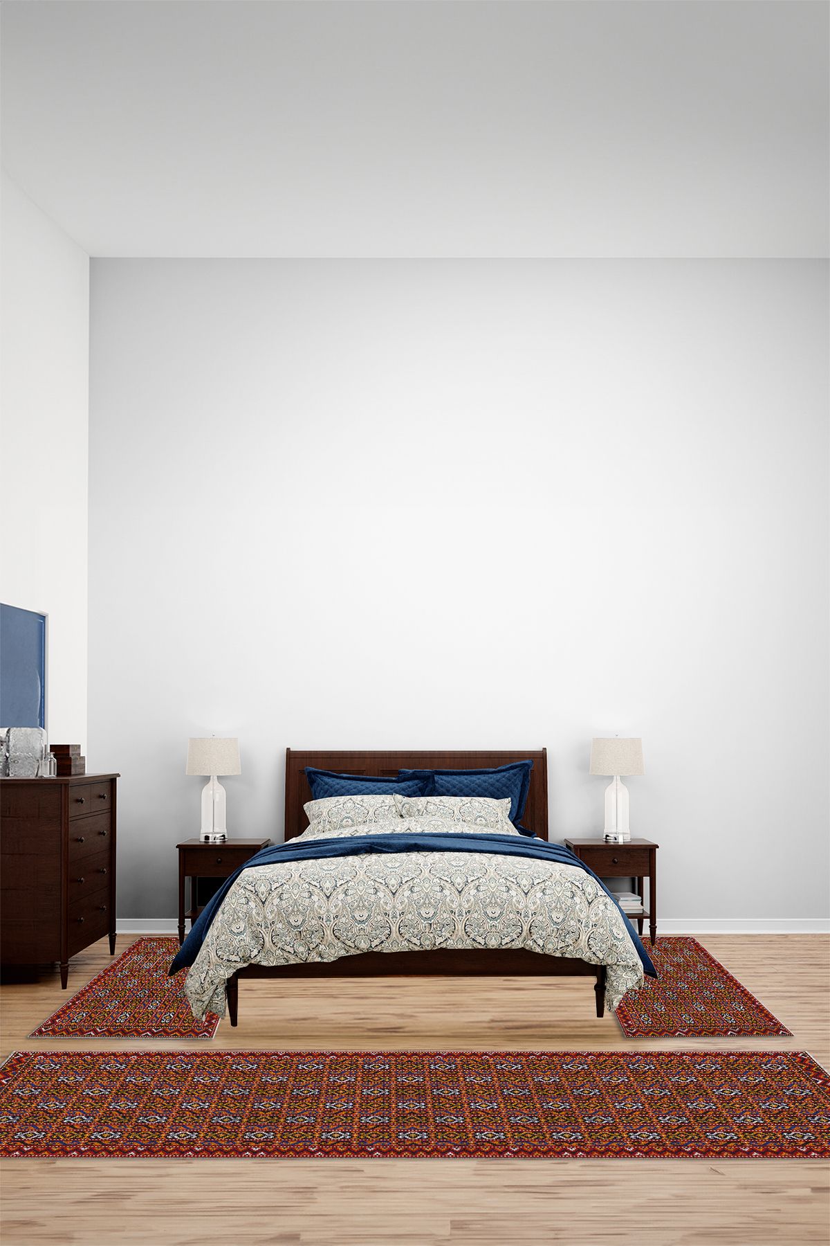 Viyana Home Dijital Kaymaz Etnik Çerçeveli Yıkanabilir Üçlü Yatak Odası Takımı Halısı, YO-ETNİK-67-KIRMIZI,
