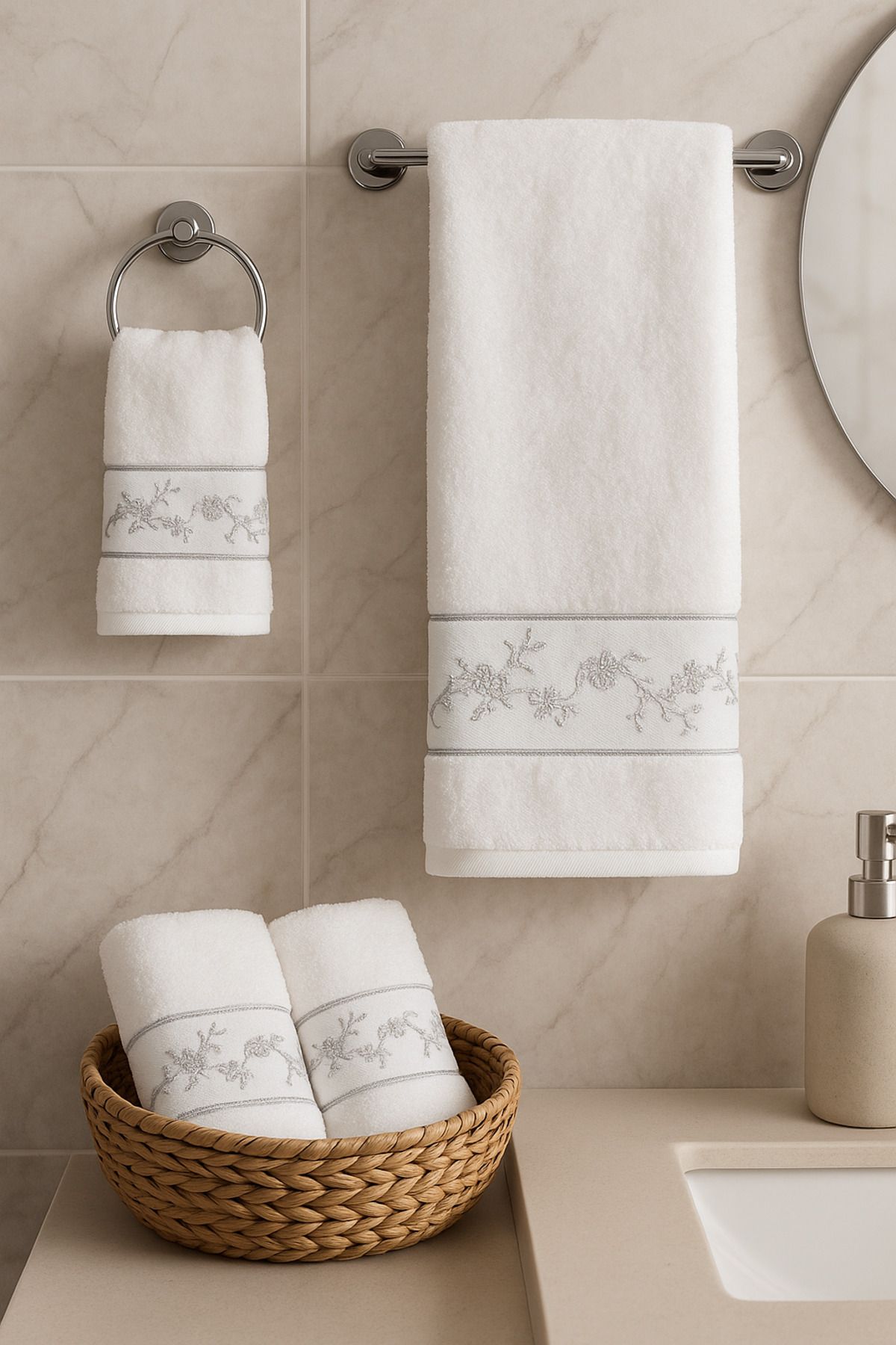 Özdilek Çiçekli Nakışlı Misafir Banyo Seti