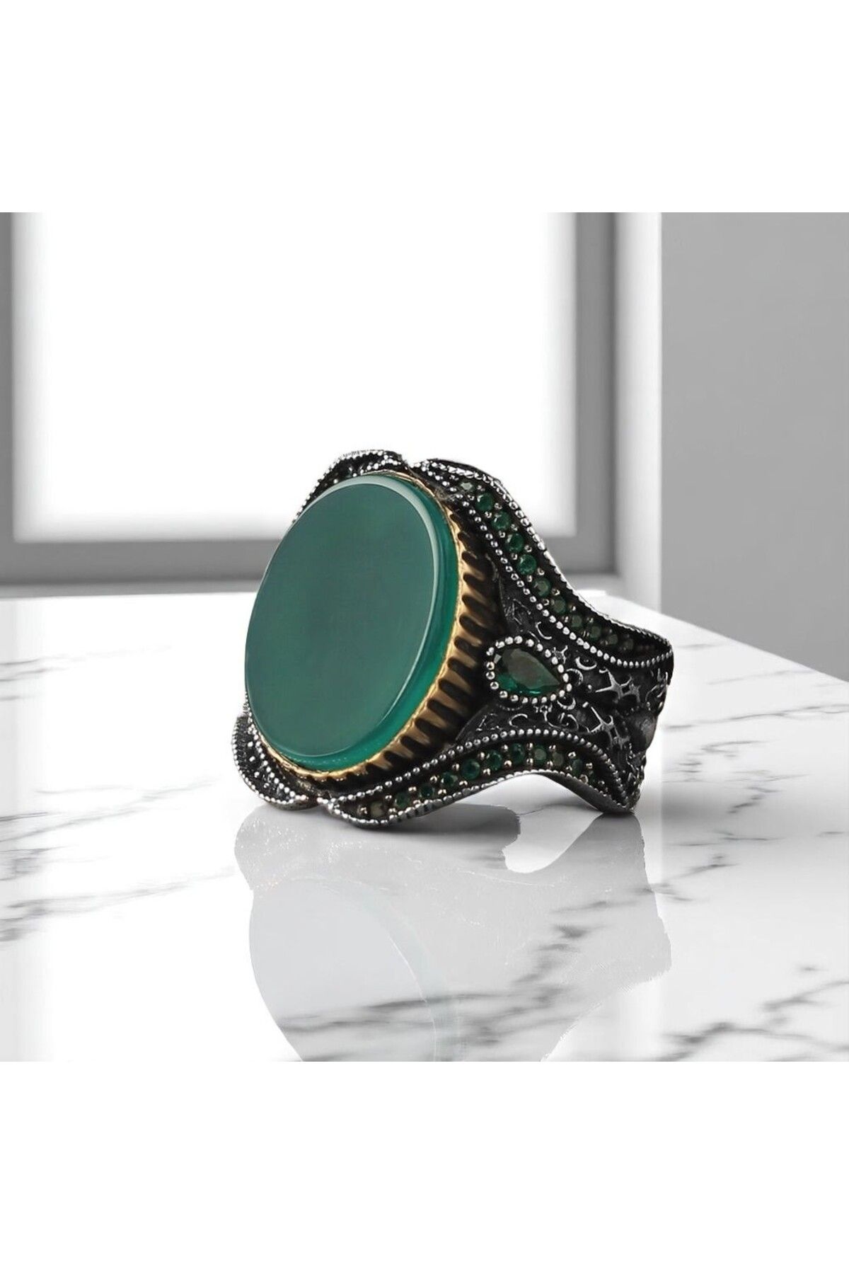 Asteria Jewelry Yeşil Akik Taşlı Gümüş Yüzük