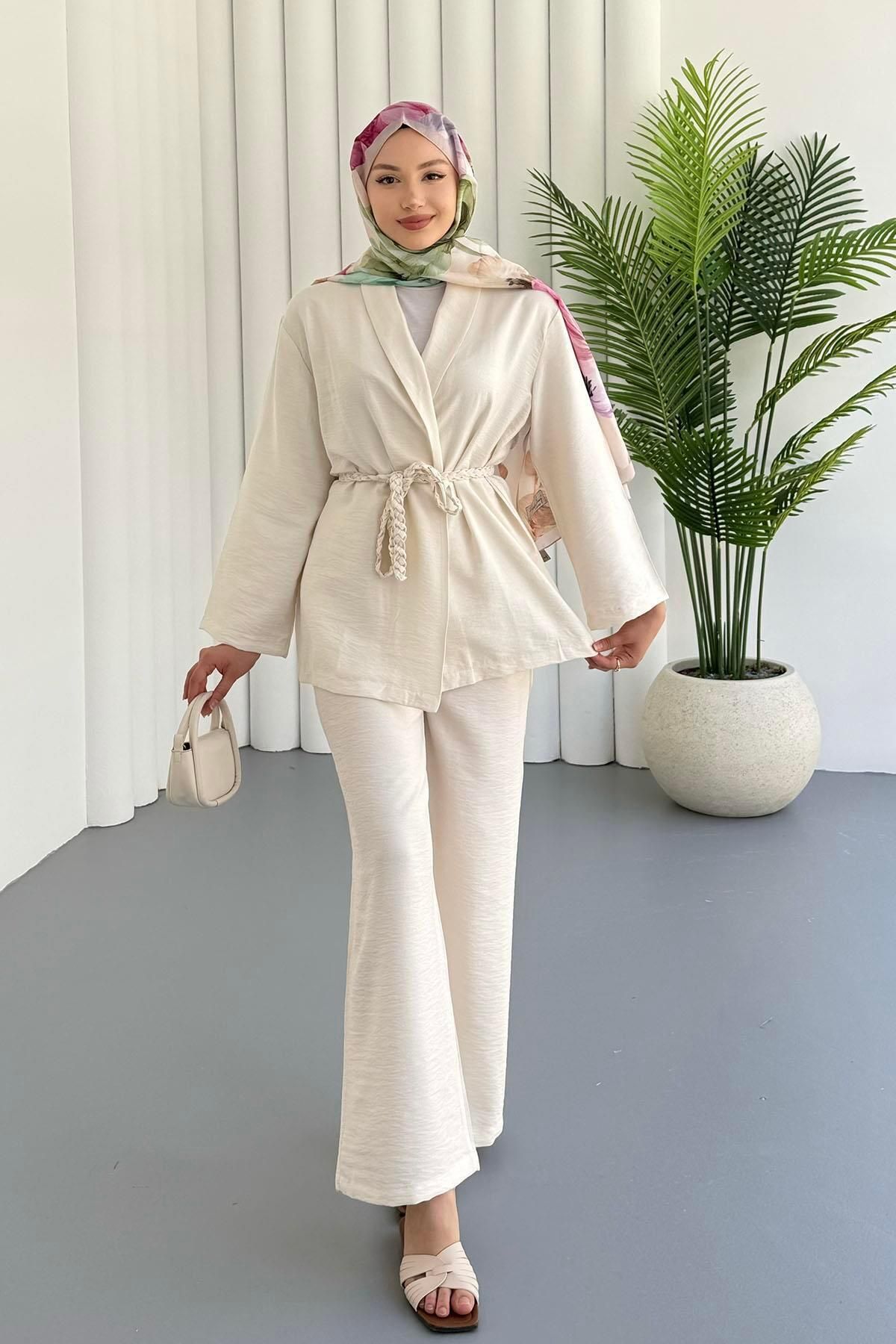 Modaensarbutik Kuşağı Örgü Detaylı Pantolonlu Kimono Tesettür Takım-TAŞ