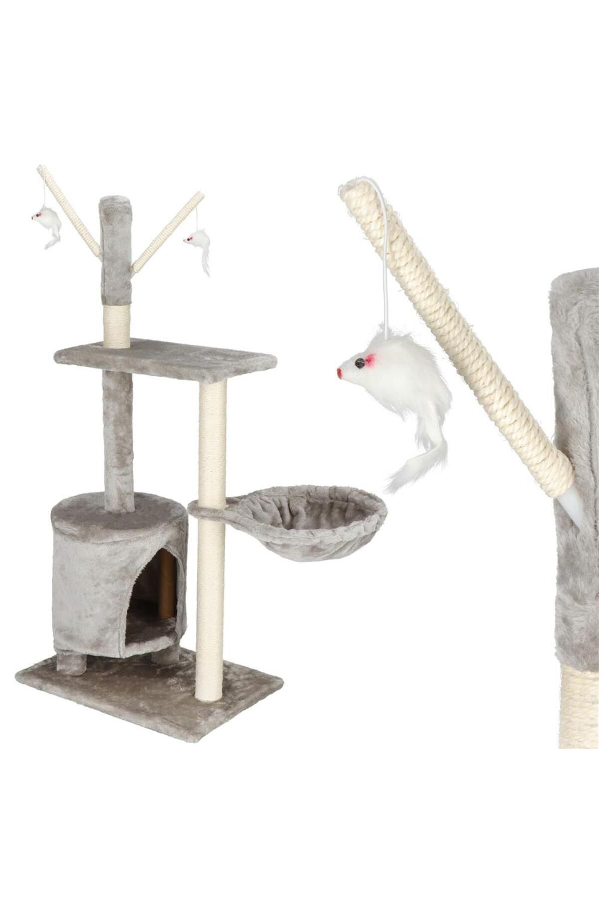 SERSIMO-Cat play set, with scratching post, hiding place, lying area, mice, 108cm, gray 3