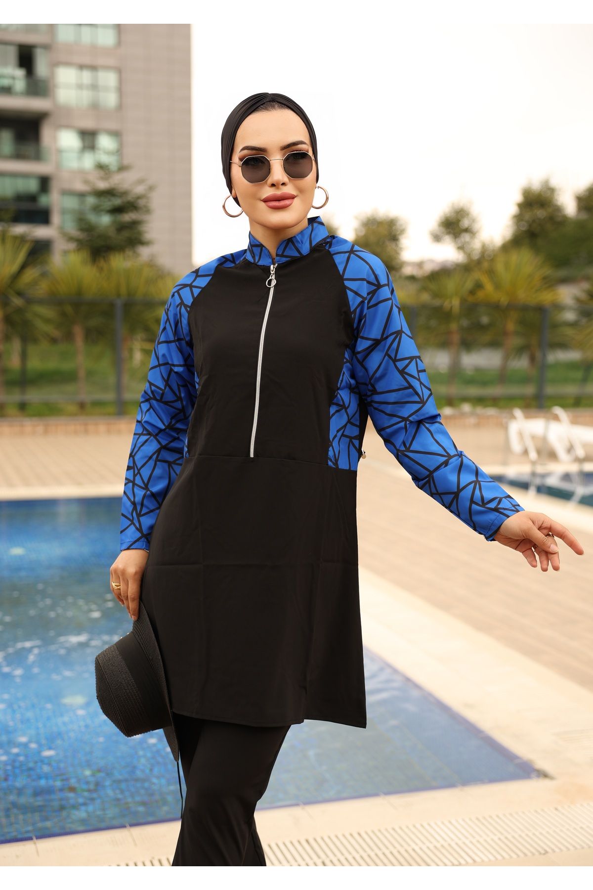 asual collection Tam Kapalı Su Tutmaz Tesettür Mayo 4lü Takım Likralı Micro Su İten Kumaş Yarım Fermuarlı Saks