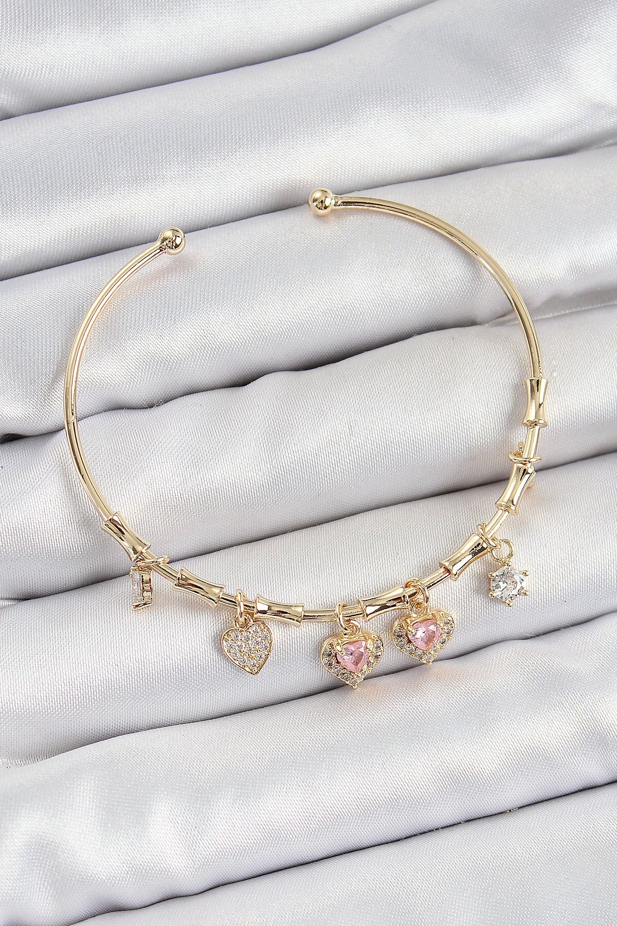 adden BFS Pirinç Zirkon Taşlı Pembe Kalp Model Gold Renk Charm Bileklik