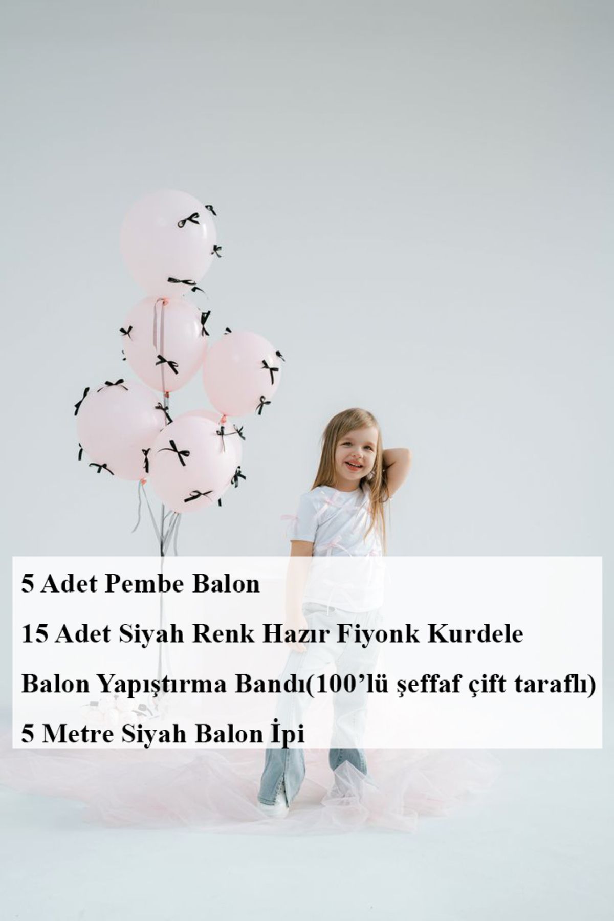 PartyPoo 15 Adet Siyah Fiyonk Kurdeleli - 5 Adet Pembe Balon Seti Fiyonklu Balon, Kurdeleli Balon