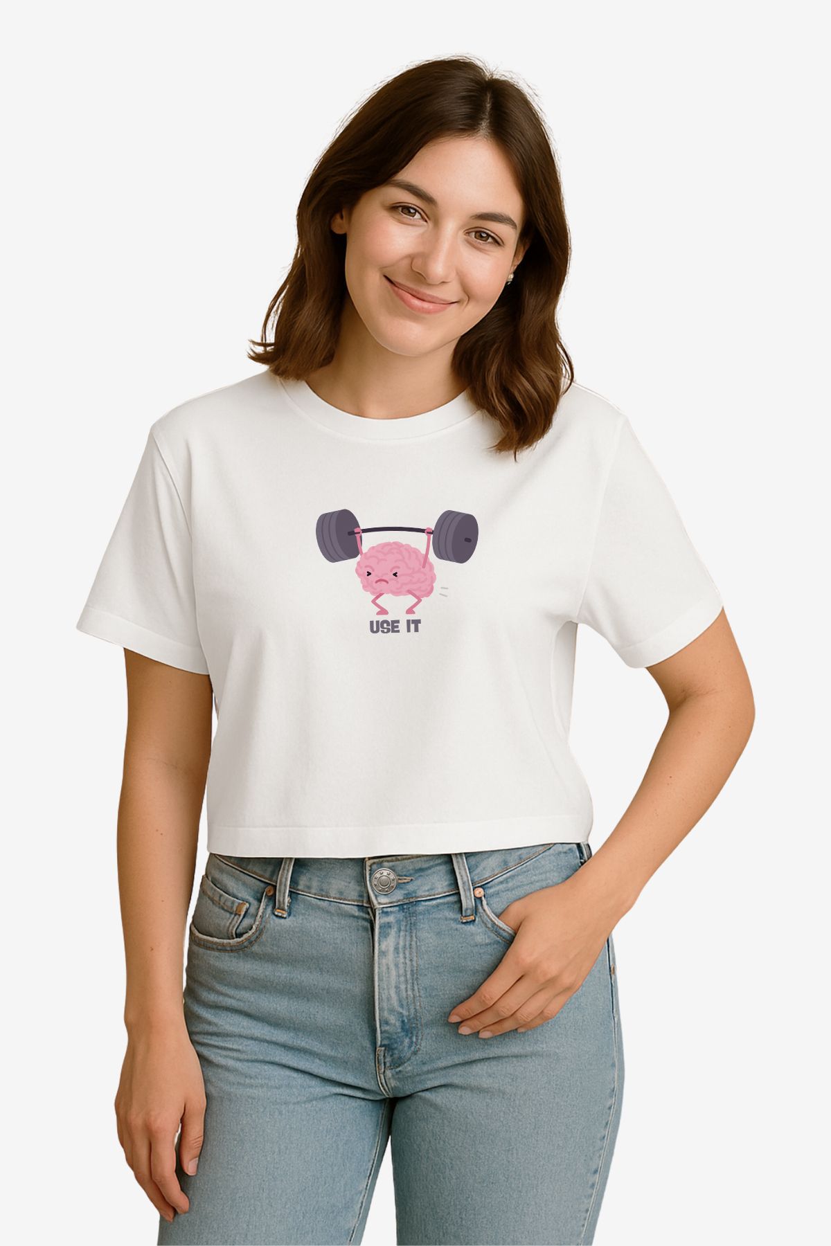 FANA Kadın Beyaz Tişört Beyin Figürlü Komik Slogan Baskılı Yazlık Kısa T-shirt