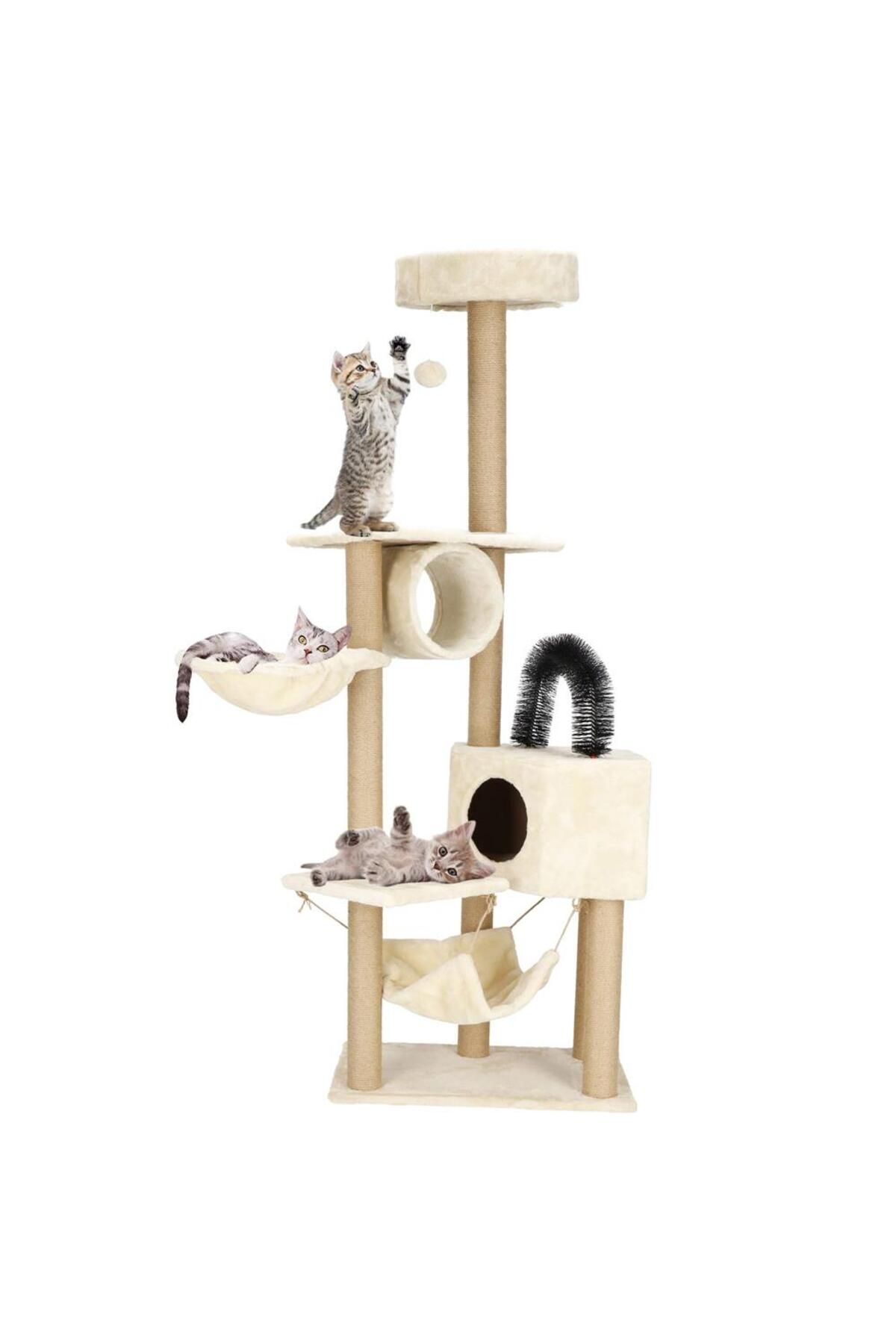 SERSIMO-Cat play set, with scratching post, hiding place, bed, hammock, ball, 154cm, cream 10