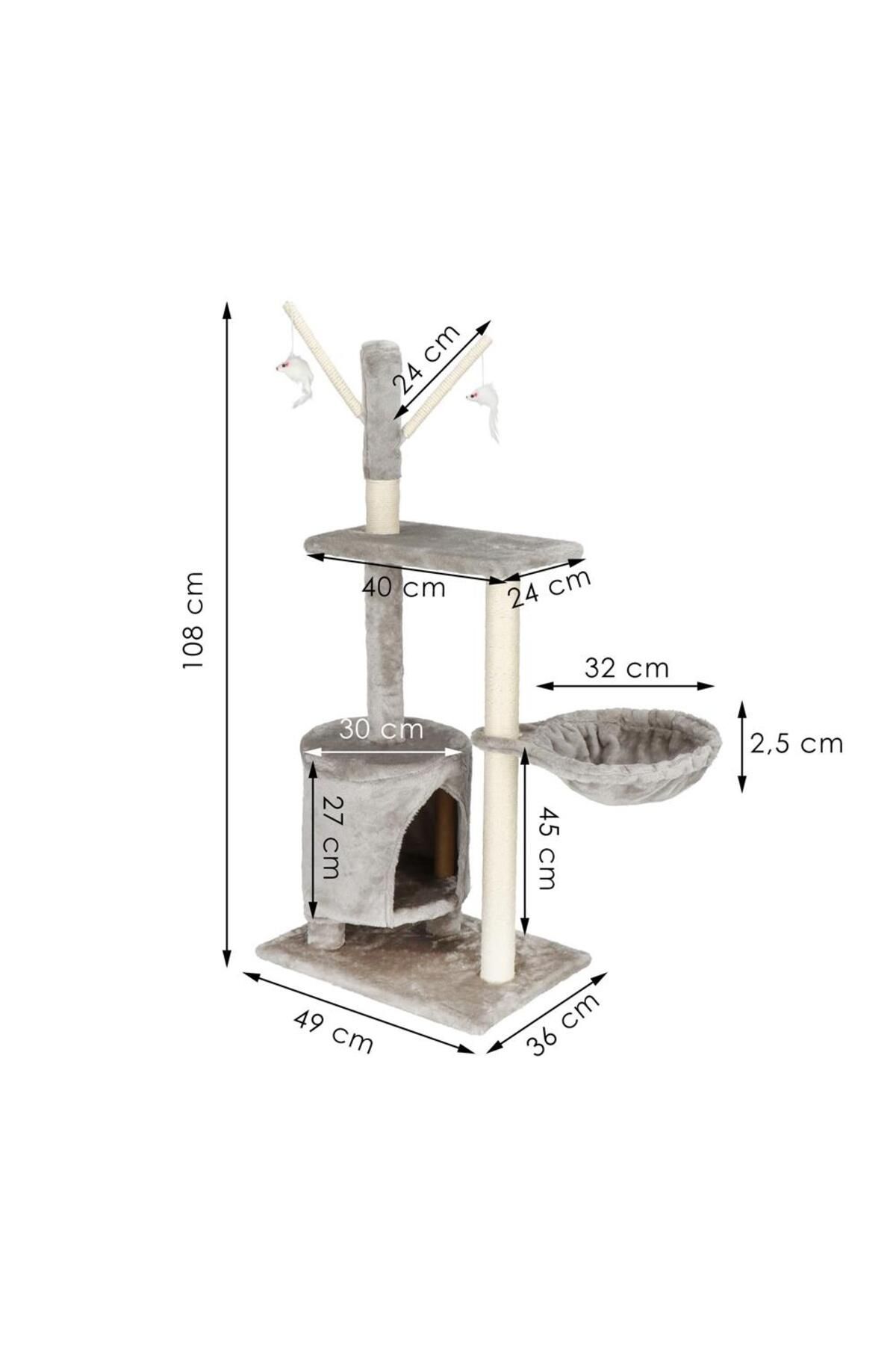 SERSIMO-Cat play set, with scratching post, hiding place, lying area, mice, 108cm, gray 8