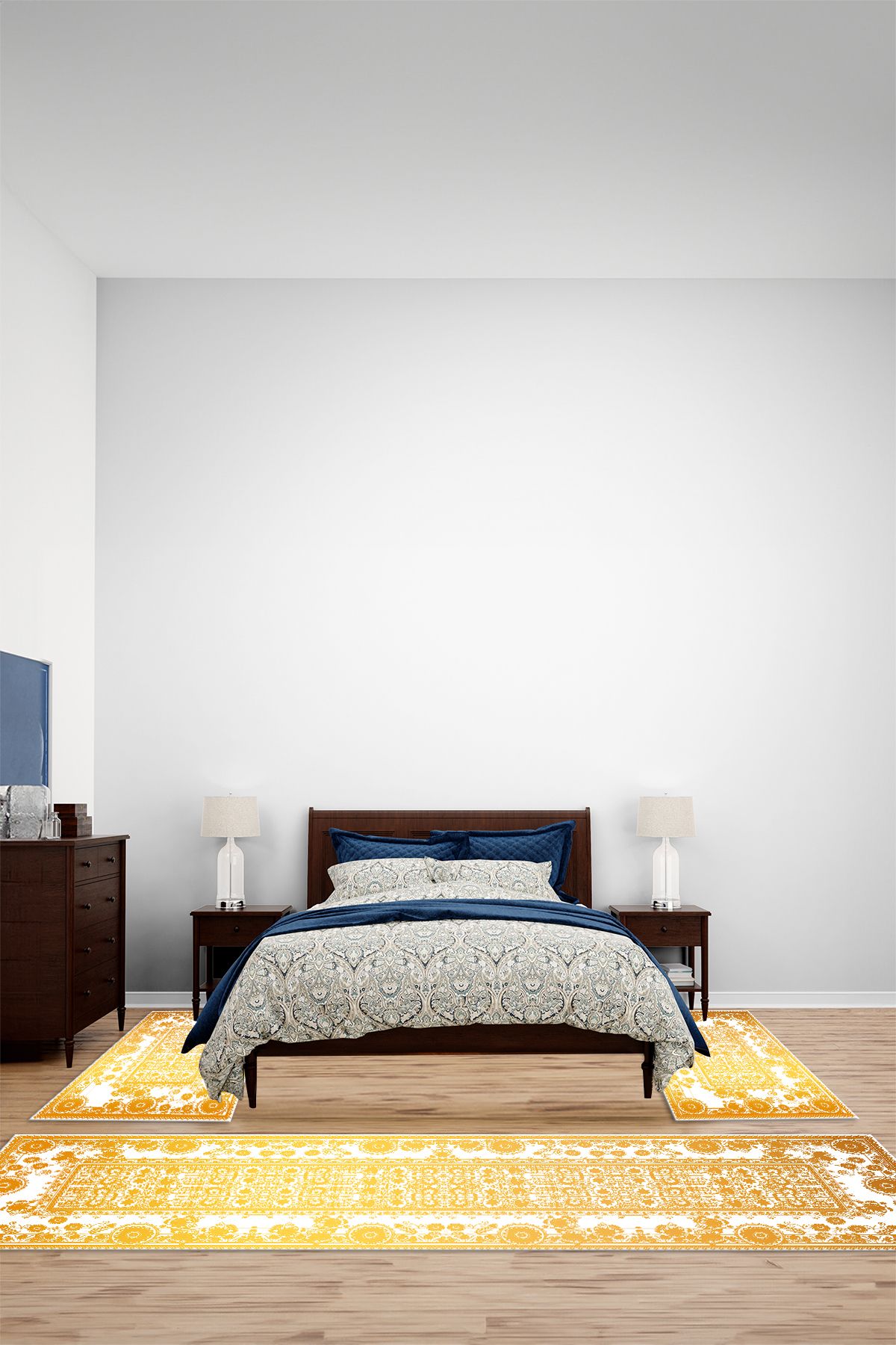 Viyana Home Dijital Kaymaz Etnik Görünümlü Yıkanabilir Üçlü Yatak Odası Takımı Halısı, YO-ETNİK-64-GOLD,