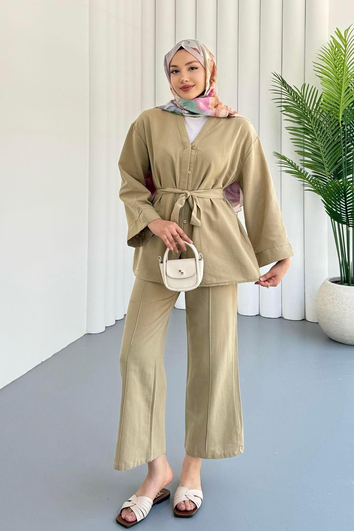 Modaensarbutik Gömlek V Yaka Kuşaklı Keten Tesettür Takım-MİNT YEŞİLİ