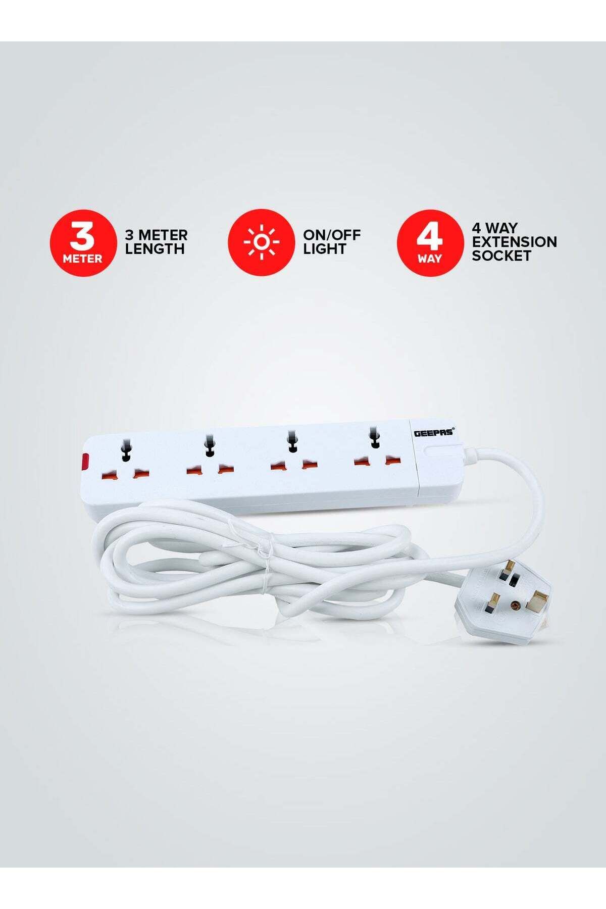 Geepas-4 Way Extension Socket 13A - Extension Strip With Led Indicators | Child Safe | Extra Long Co 1