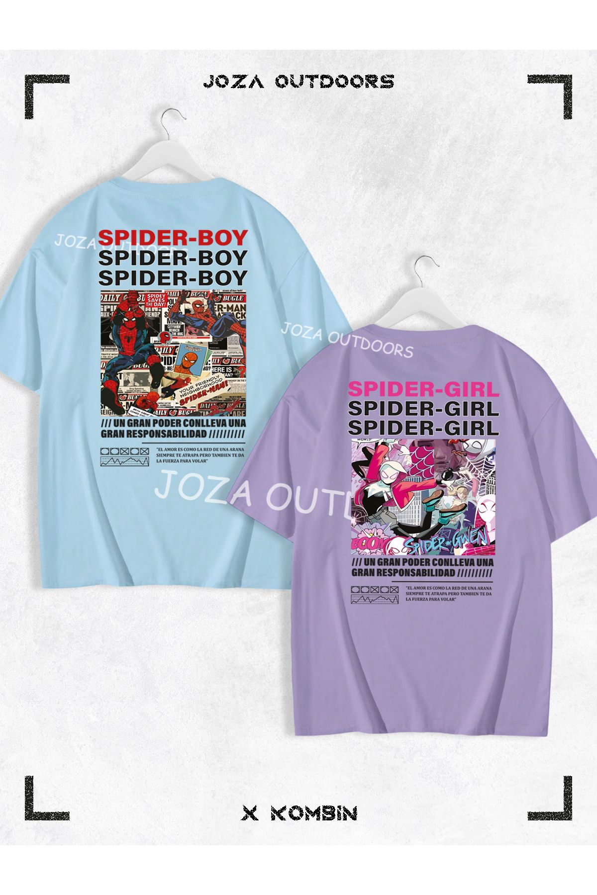 Jobia Outdoors Kadın Erkek Spider Boy Spider Girl SIRT Baskılı Sevgili Çift Kombini Oversize Tshirt 2'li Takım