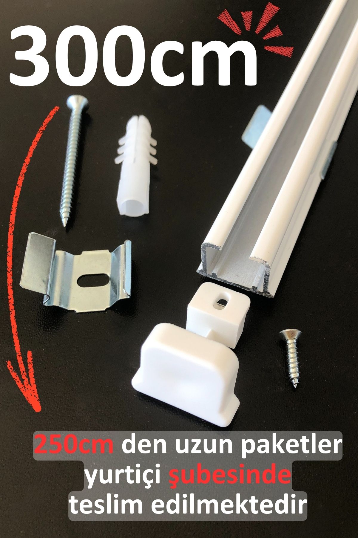 İzen Tek Kanallı 300cm Beyaz Alüminyum Ray (19mm) Tekli Korniş + Metal Portray