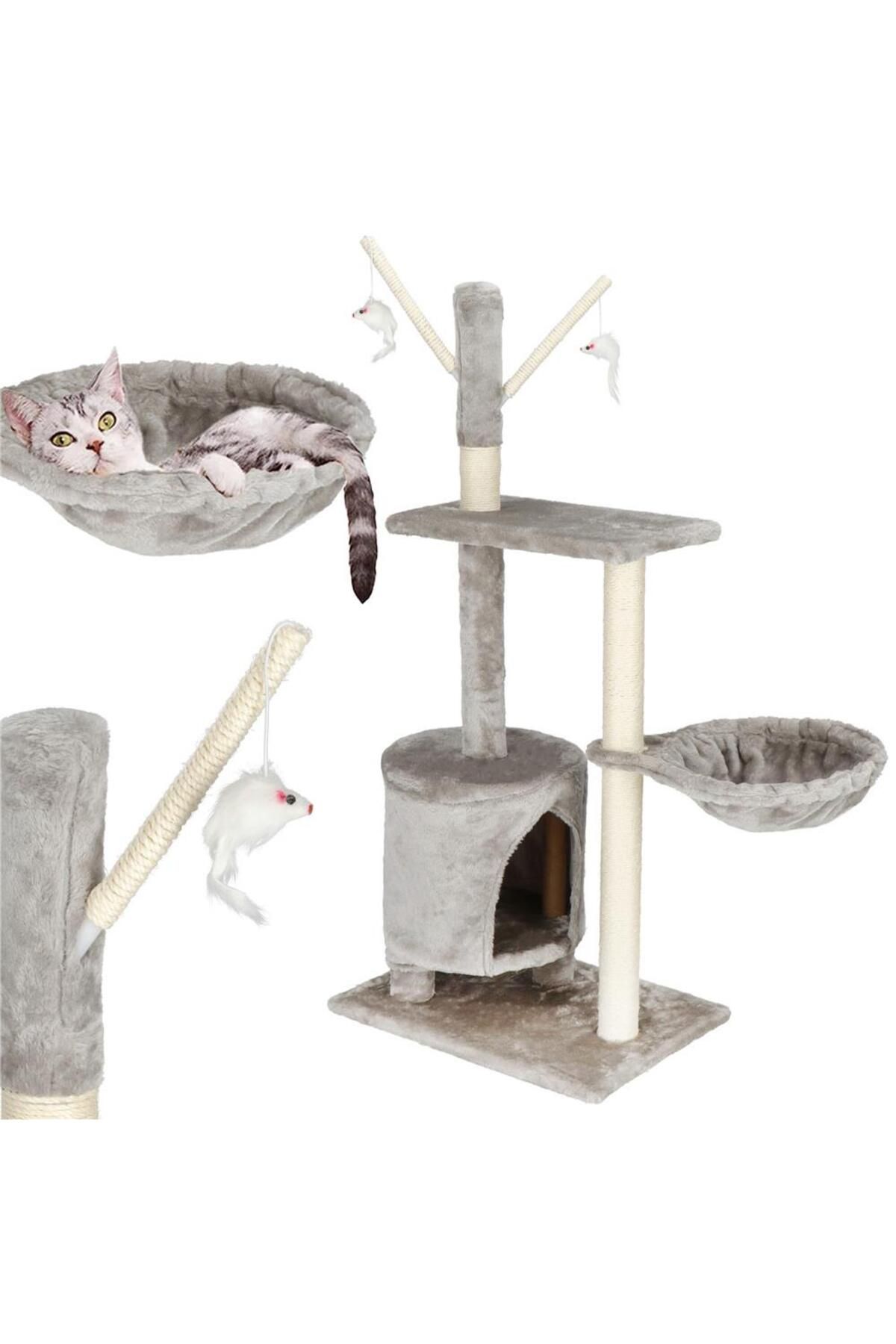 SERSIMO-Cat play set, with scratching post, hiding place, lying area, mice, 108cm, gray 4