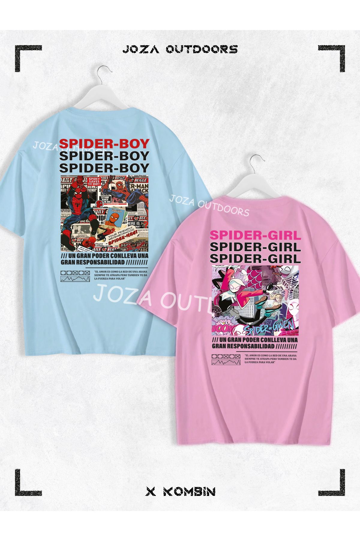 Jobia Outdoors Kadın Erkek Spider Boy Spider Girl SIRT Baskılı Sevgili Çift Kombini Oversize Tshirt 2'li Takım