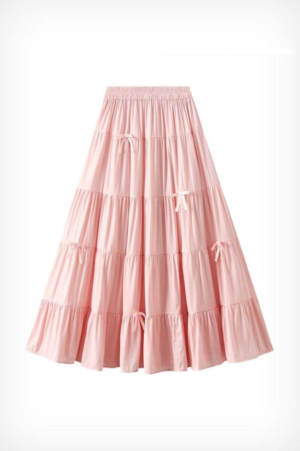 Karakedi Pembe Katlamalı Kurdeleli Uzun Etek