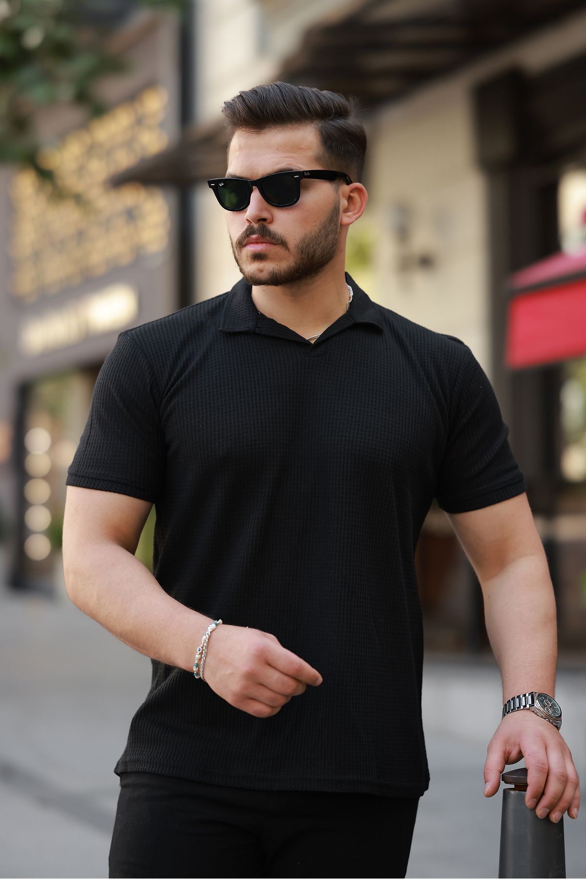 REFRESH Style Erkek Siyah Waffle Triko Apaş Yaka Polo Tişört