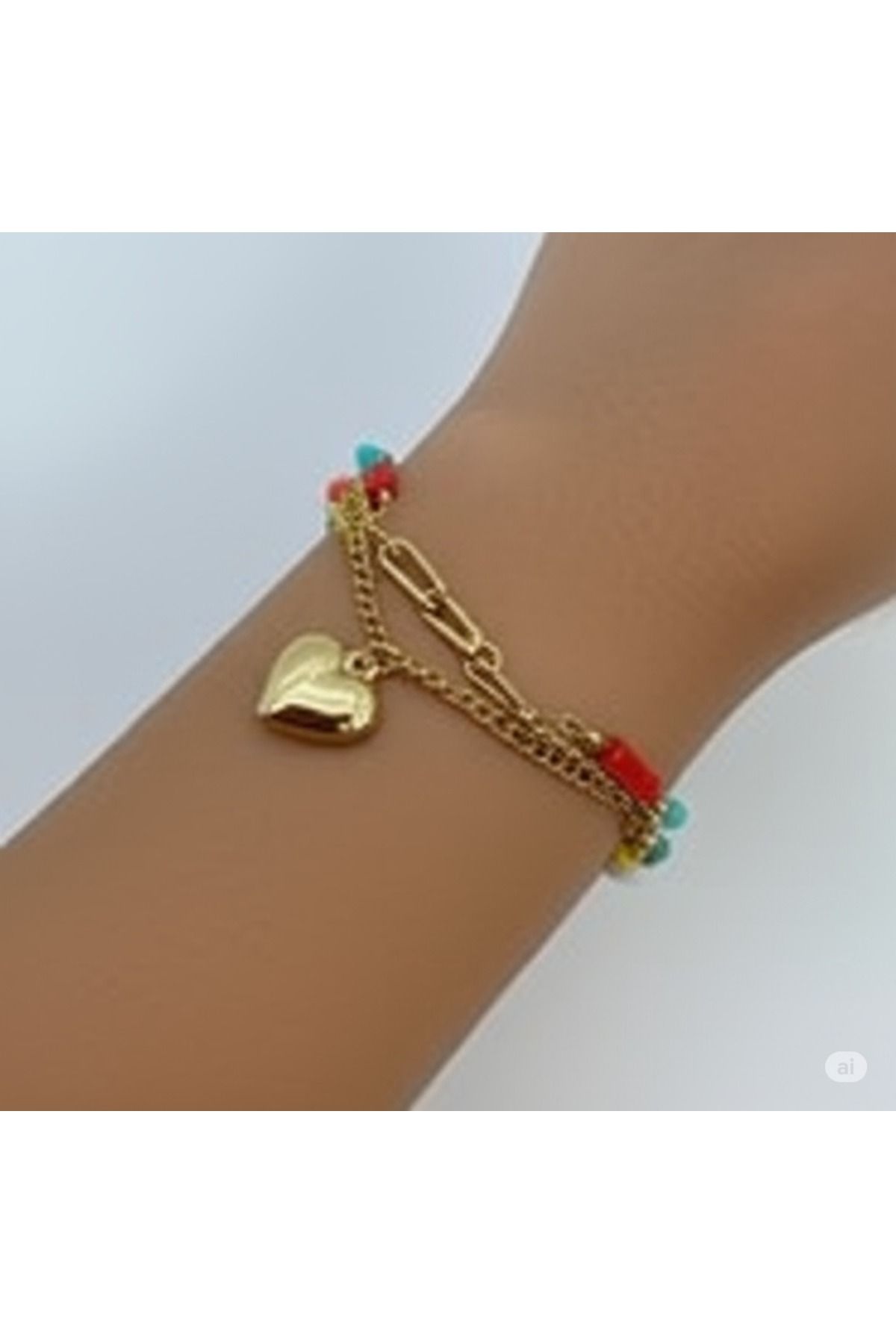 FAMEMUS ACCESSORY Renkli Boncuk Detaylı Altın Renk Zincir Kadın Kolye