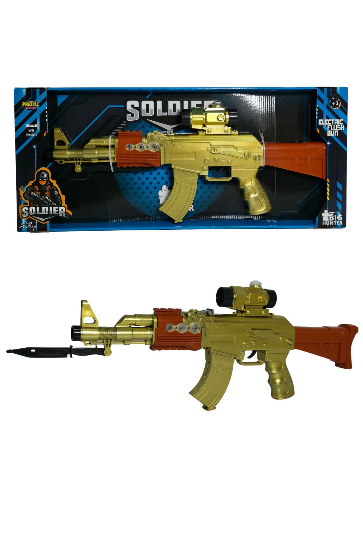 RAF Store Kutulu Pilli Sesli Işıklı Oyuncak Altın Renk AK-47 Tüfek Silah