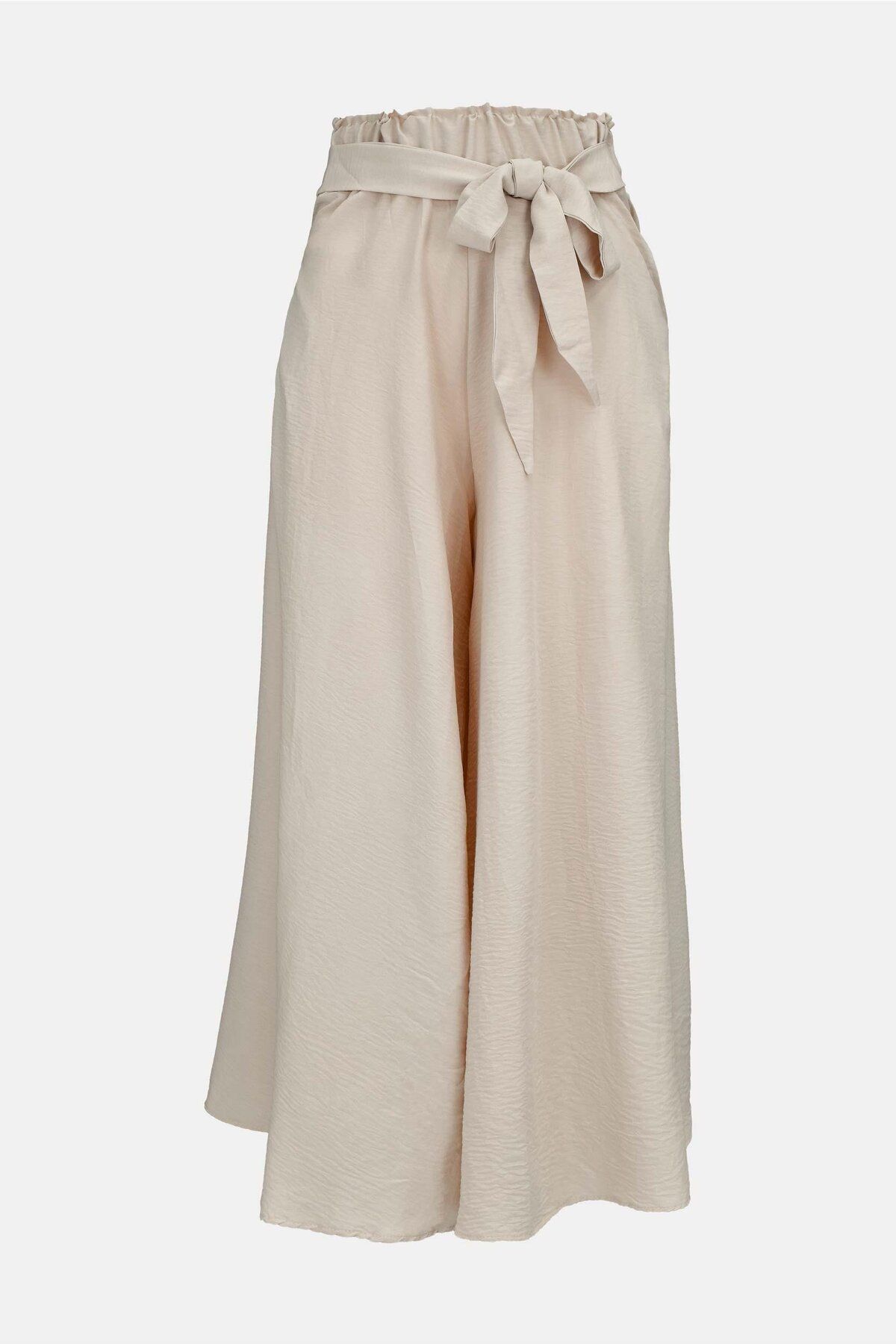 birizmoda Kuşaklı Beli Lastikli Yandan Cepli Etek Pantalon - Bej