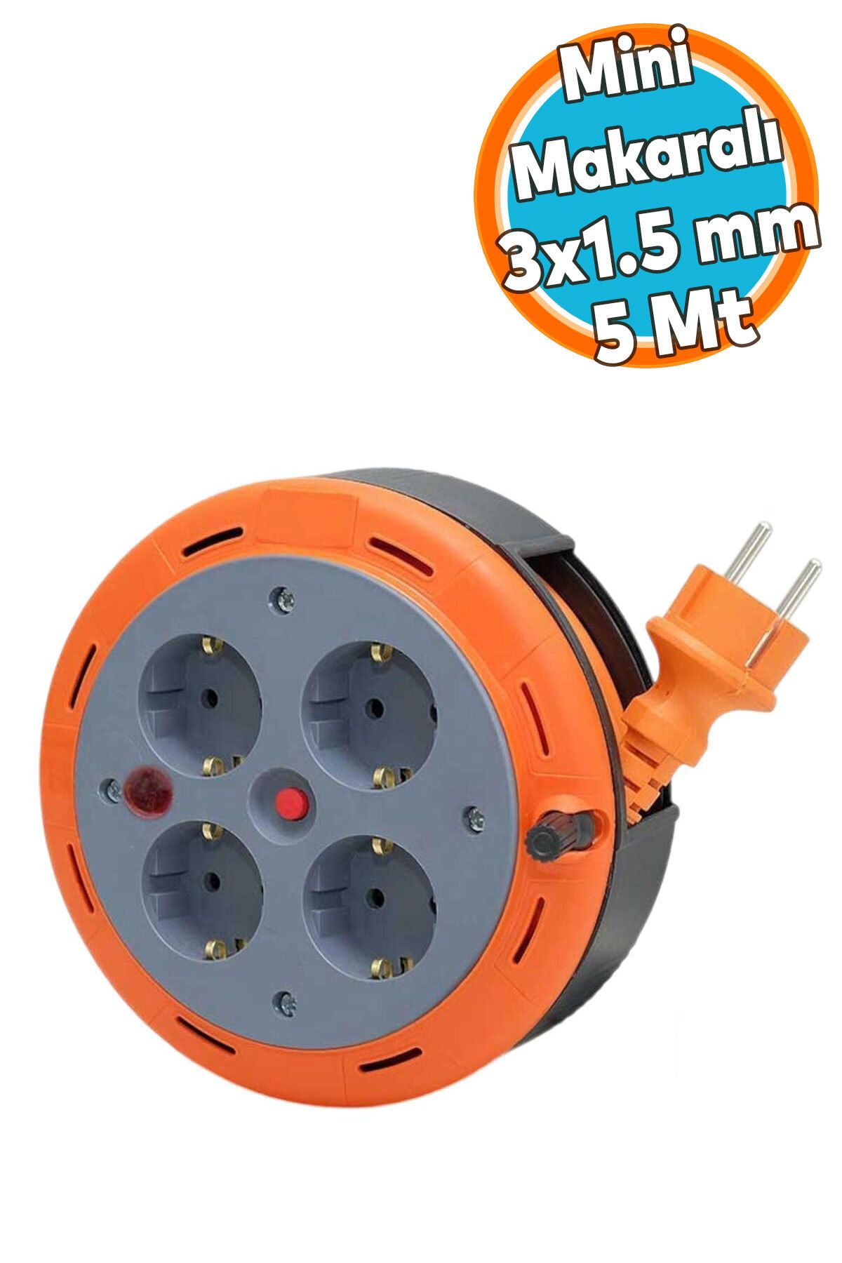NZB Mini Kutulu Makaralı Seyyar 3x1.0 mm CCA Monofaze Plastik Uzatma Kablosu 4 Priz TTR Kablo 5 Metre