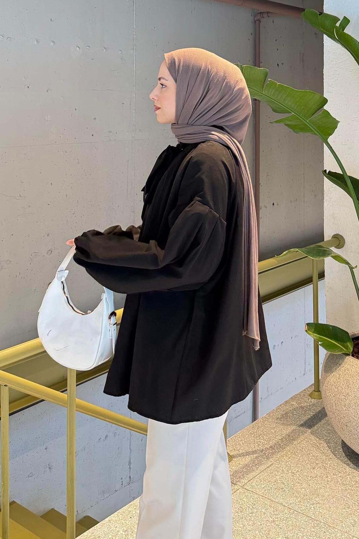 lamelif Yaka Fular Detaylı Gömlek Siyah görsel 3