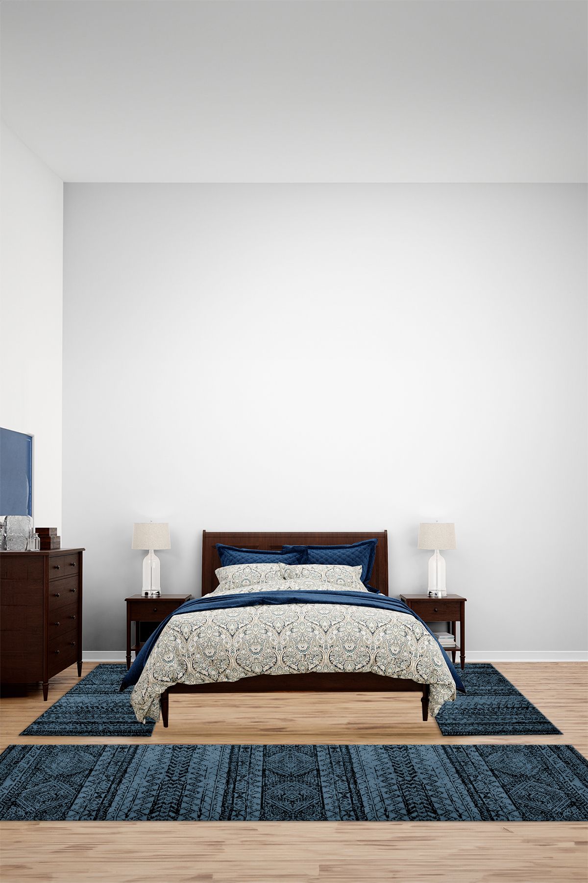 Viyana Home Kaymaz Karışık Desenli İskandinav Model Yıkanabilir Üçlü Yatak Odası Halısı, YO-İSKANDİNAV-81-MAVİ,