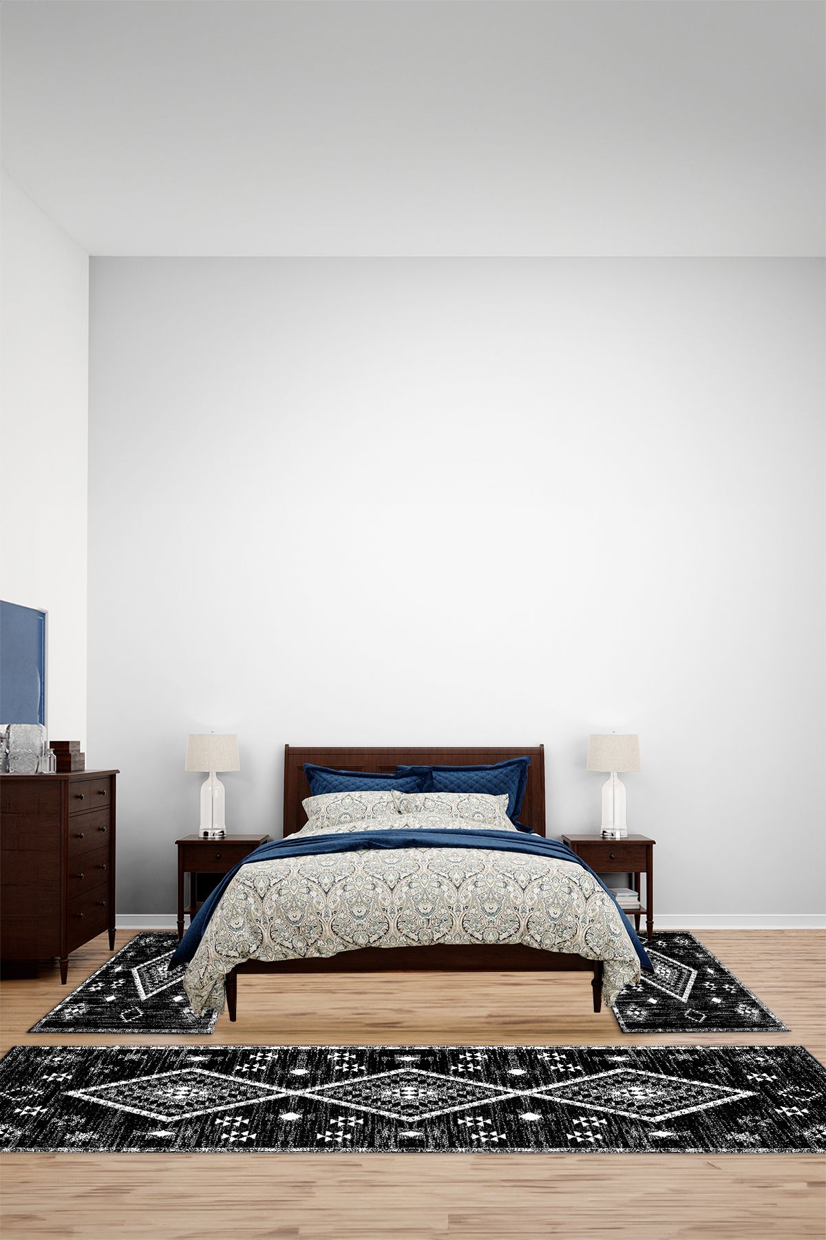 Viyana Home Kaymaz Çerçeve Desenli İskandinav Model Yıkanabilir Üçlü Yatak Odası Halısı, YO-İSKANDİNAV-84-SİYAH,