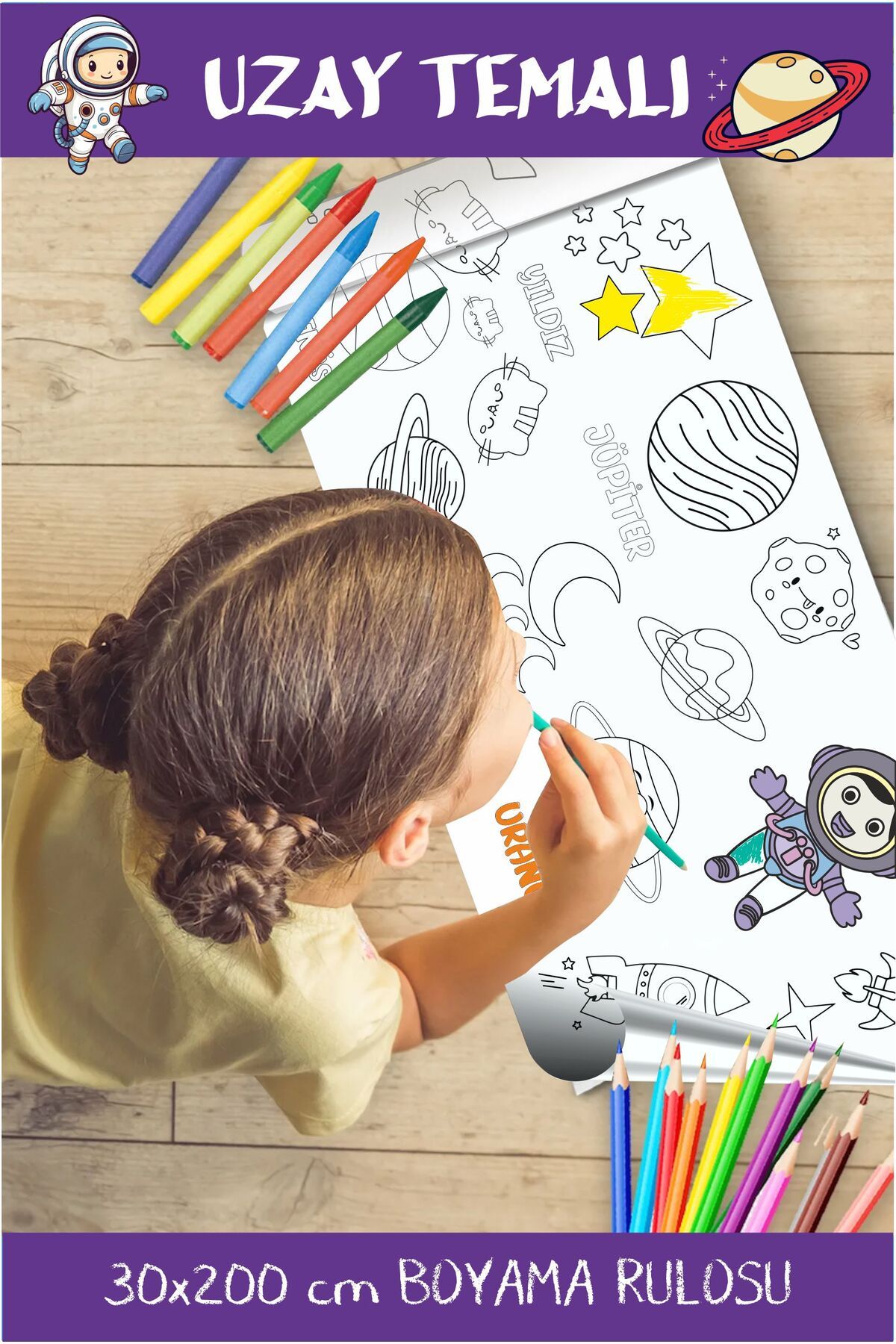 Piksel Grafik Pixroll Uzay Temalı Dev Rulo Boyama Kağıdı – 2 m × 30 cm | Çocuklar İçin Sanat & Etkinlik Kağıdı
