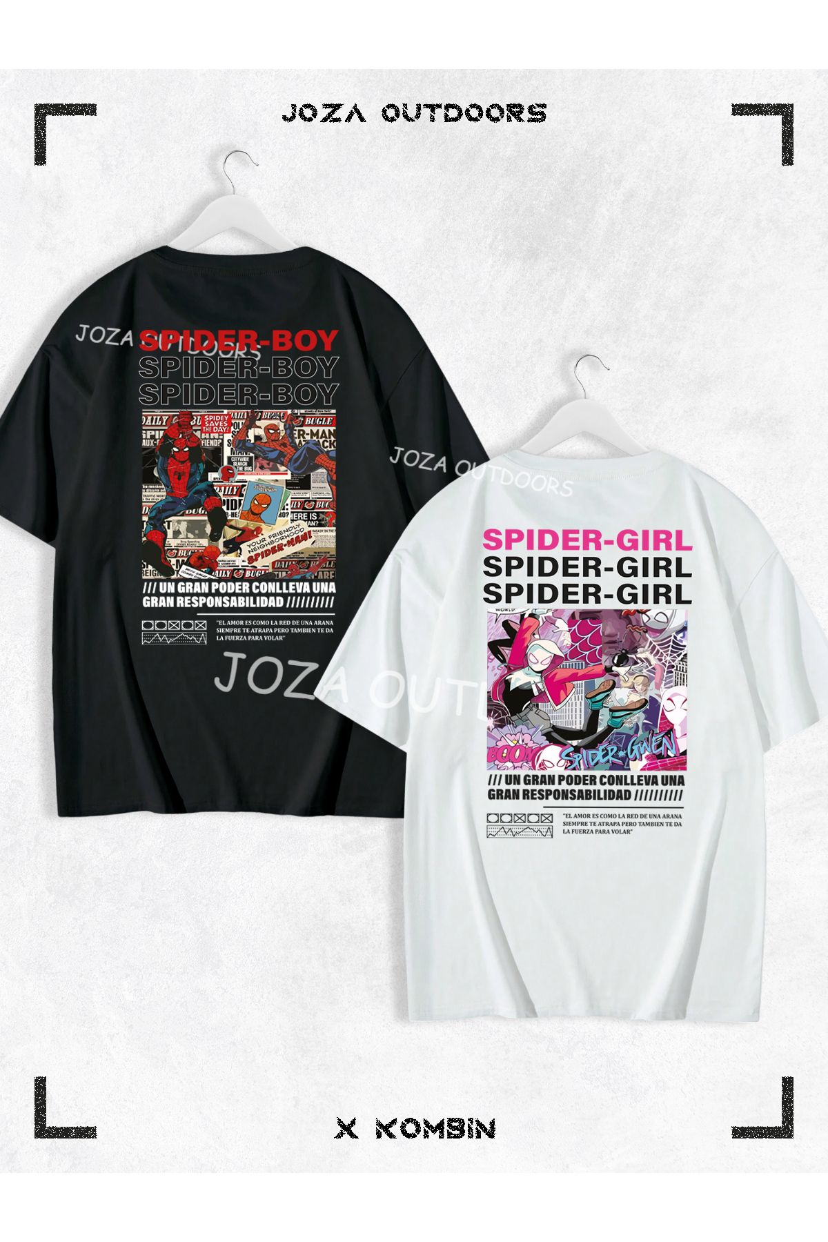 Jobia Outdoors Kadın Erkek Spider Boy Spider Girl SIRT Baskılı Sevgili Çift Kombini Oversize Tshirt 2'li Takım