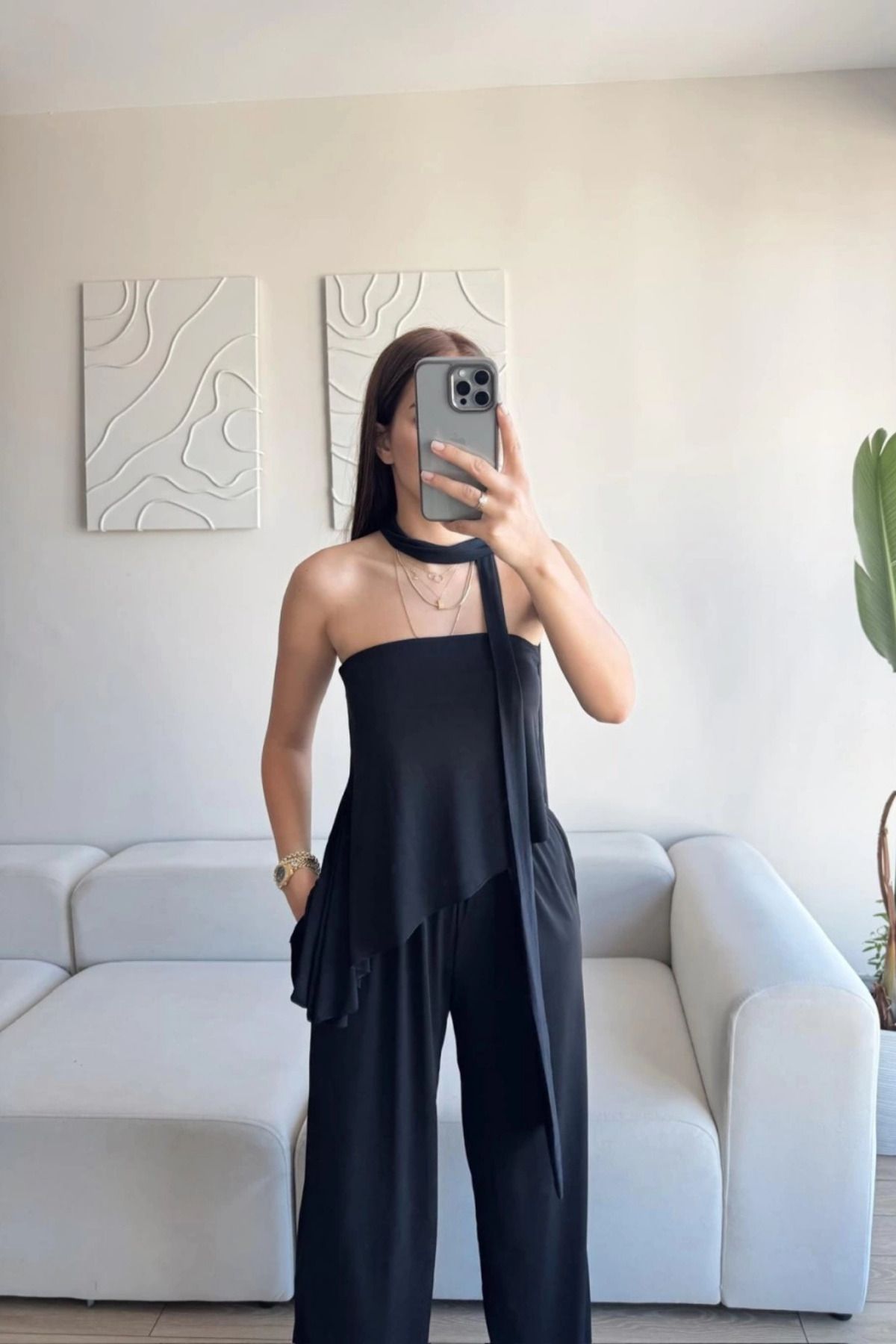 MOZENA Straplez Asimetrik Bluz Pantolon Fularlı Takım
