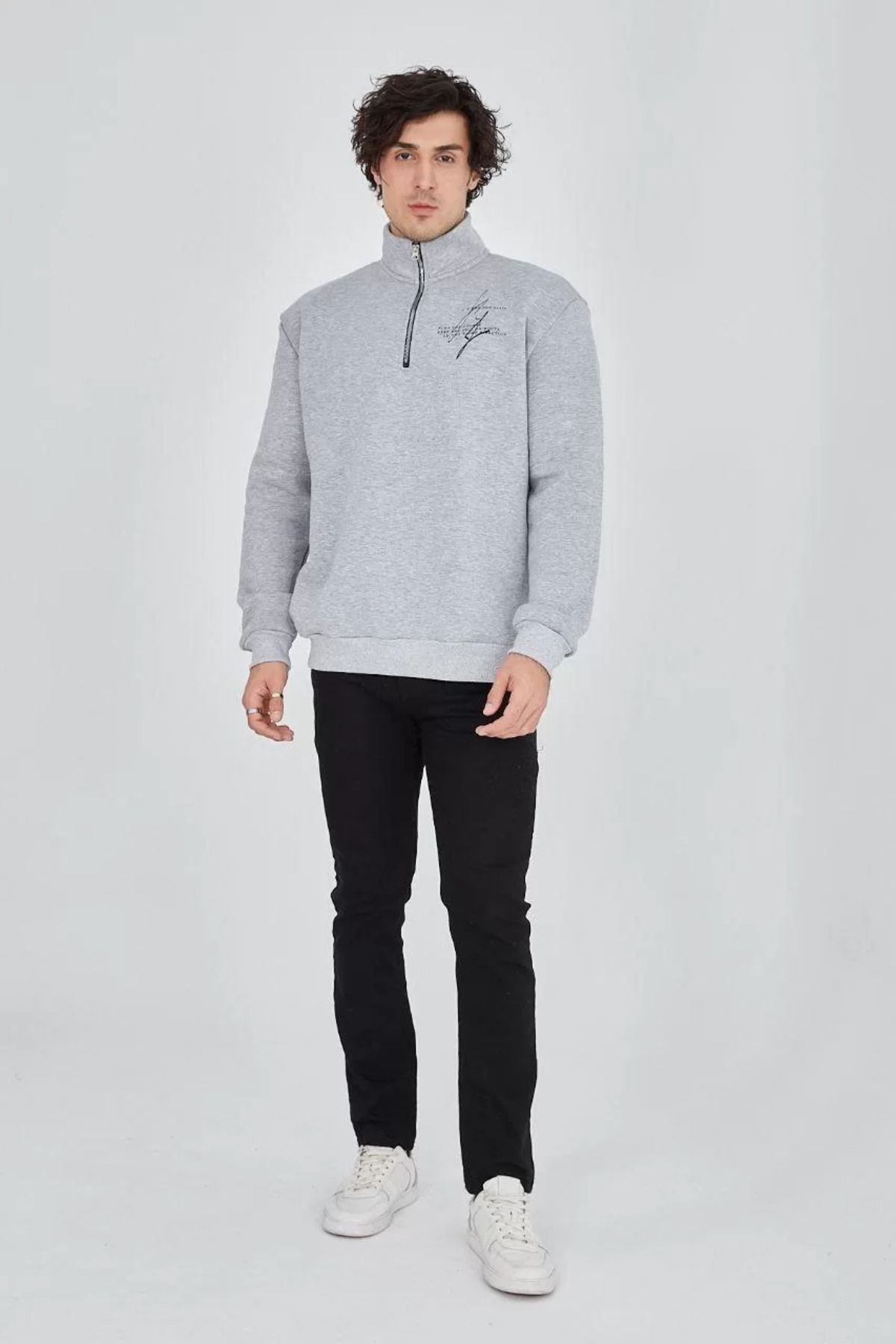 Silerra Erkek Yarım Fermuarlı Baskılı Sweat - Gri