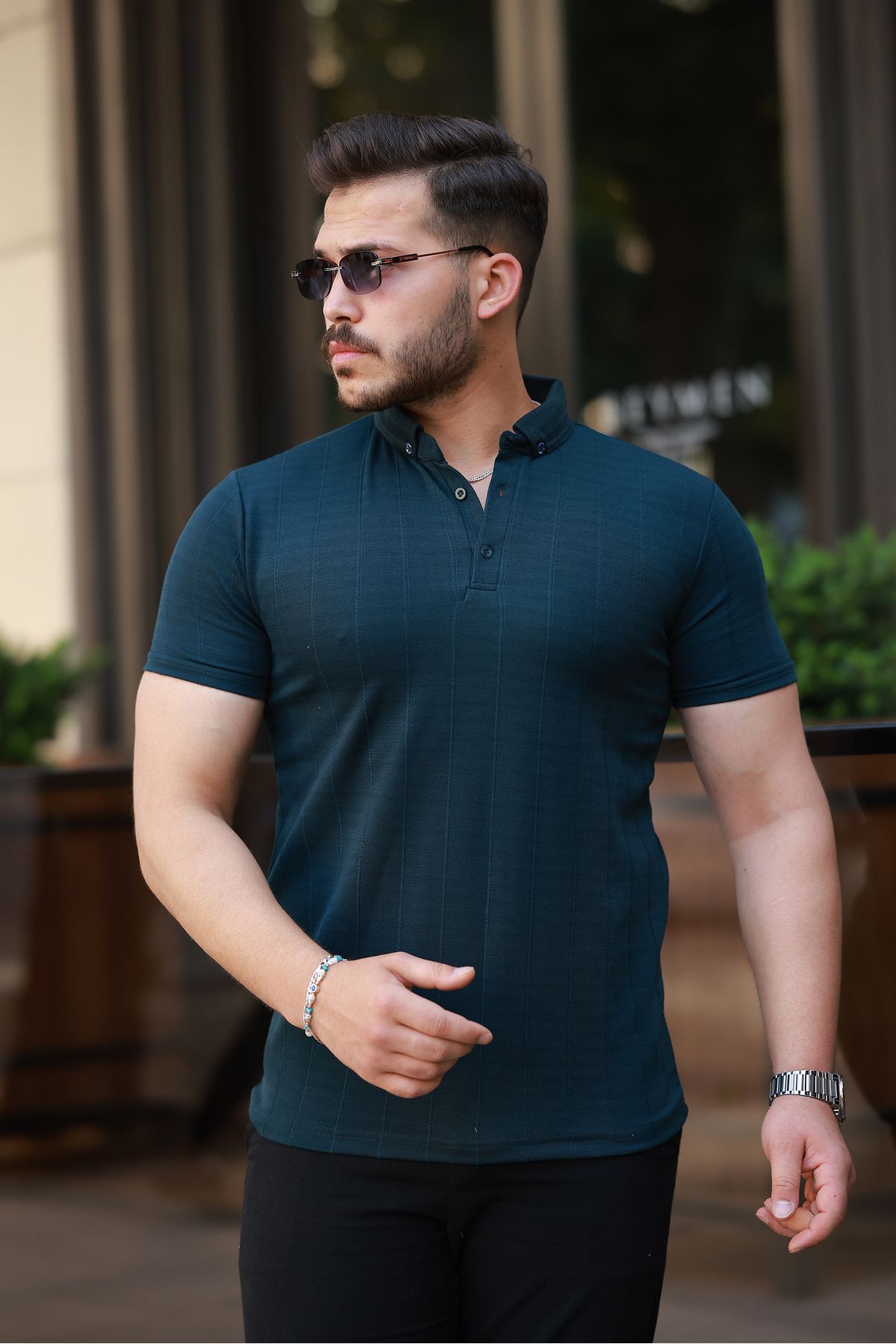 REFRESH Style Erkek Lacivert Geniş Şerit Desenli Düğmeli Polo Yaka Tişört