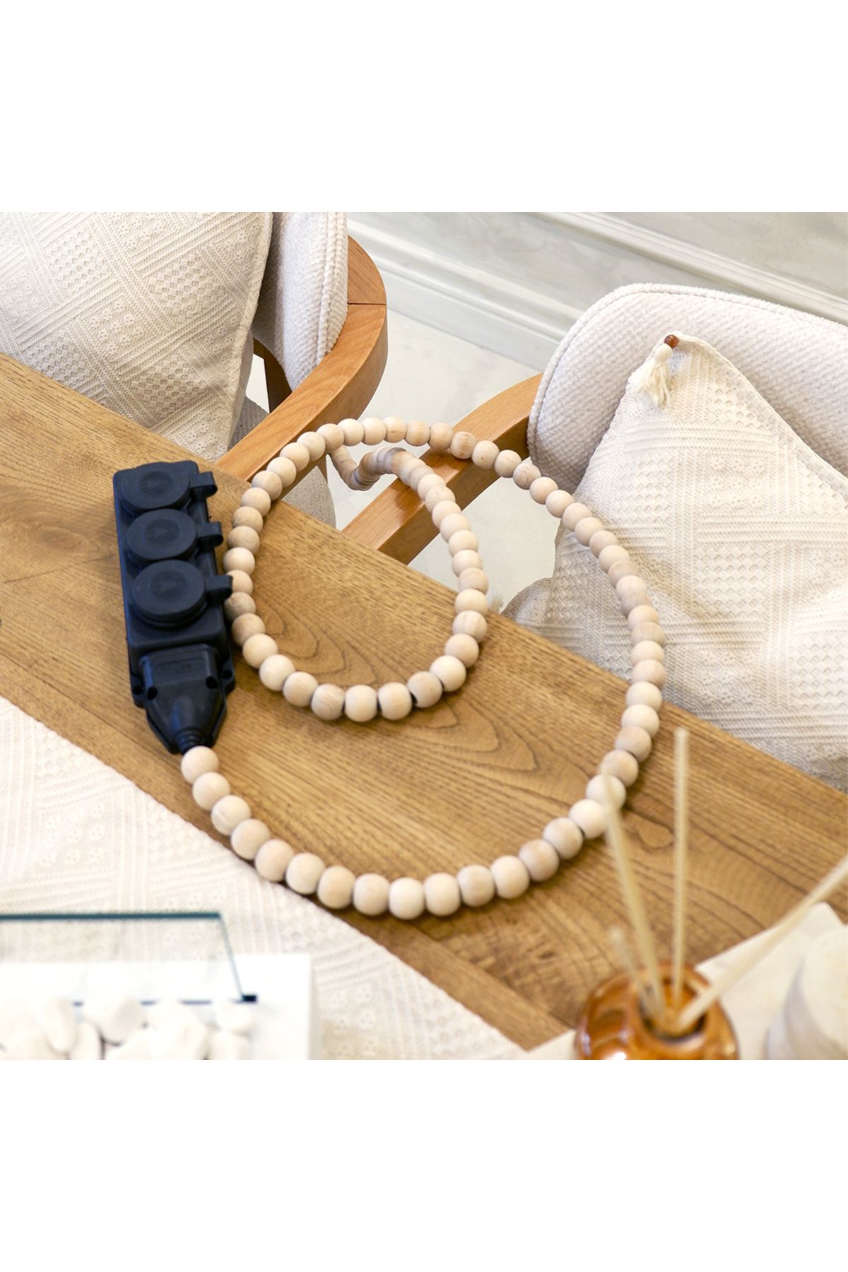 roas home Ahşap Boncuklu Bohem Tasarım Uzatma Kablosu (3 mt / 3lü Priz)
