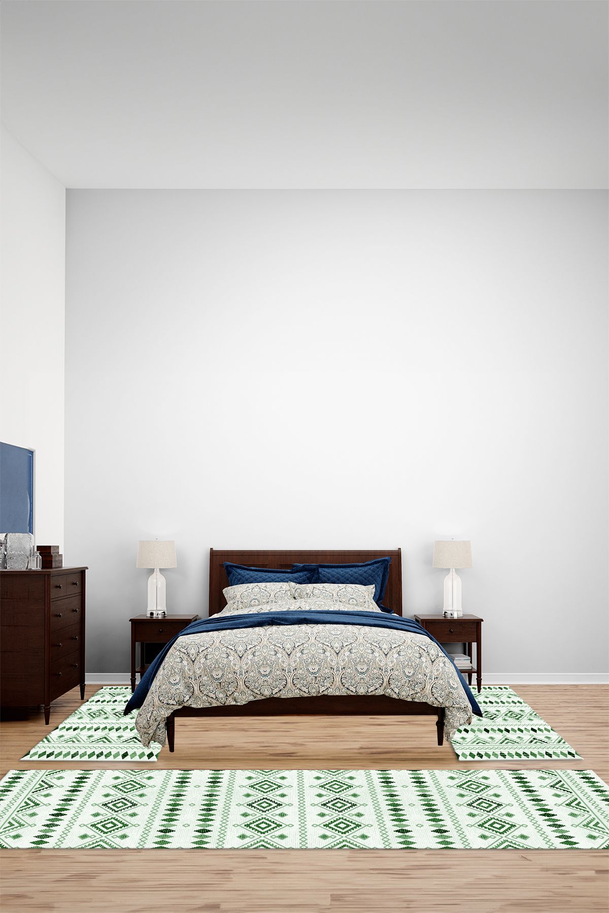 Viyana Home Kaymaz Kilim Desenli İskandinav Model Yıkanabilir Üçlü Yatak Odası Halısı, YO-İSKANDİNAV-69-YEŞİL,