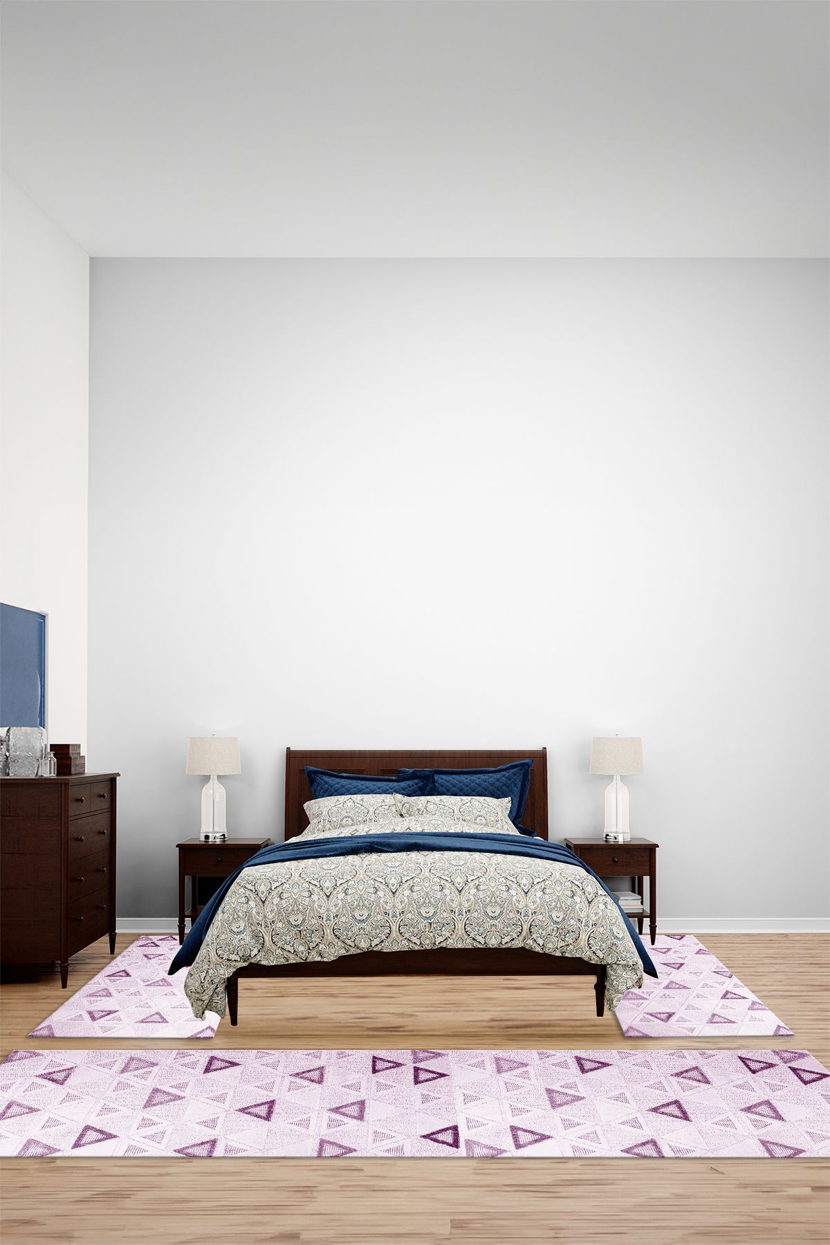 Viyana Home Kaymaz Üçgen Desenli İskandinav Model Yıkanabilir Üçlü Yatak Odası Halısı, YO-İSKANDİNAV-90-MOR,
