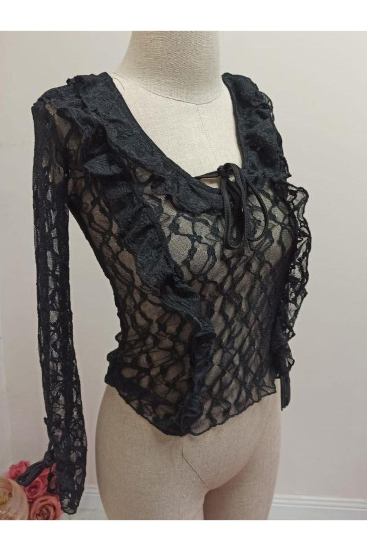 Kokoşum Butik 30025 Bağlamalı Tül Bluz Siyah