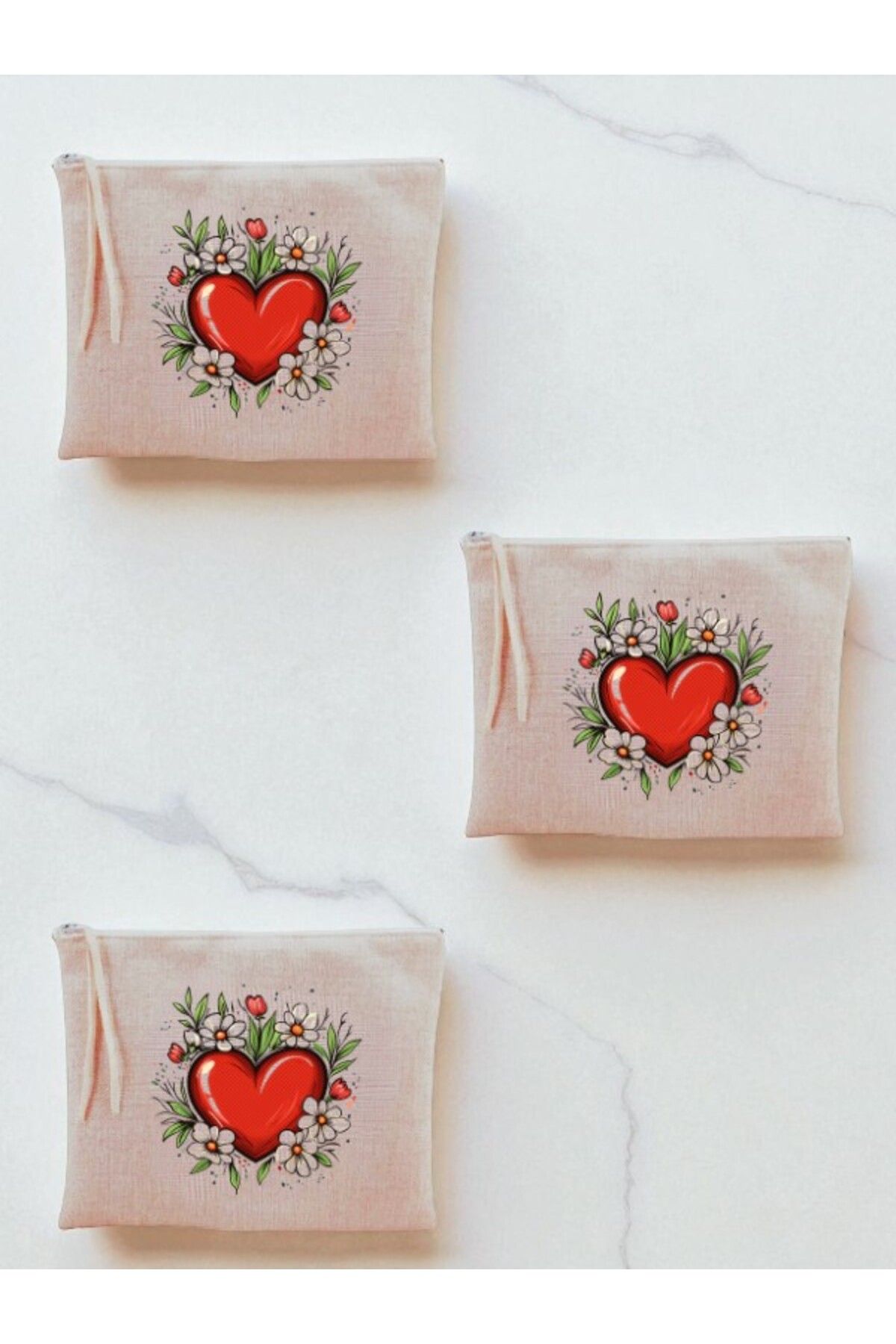 lili hediyelik Kalp ve Çiçek Baskılı 3'lü Makyaj Çantası 20x25 cm