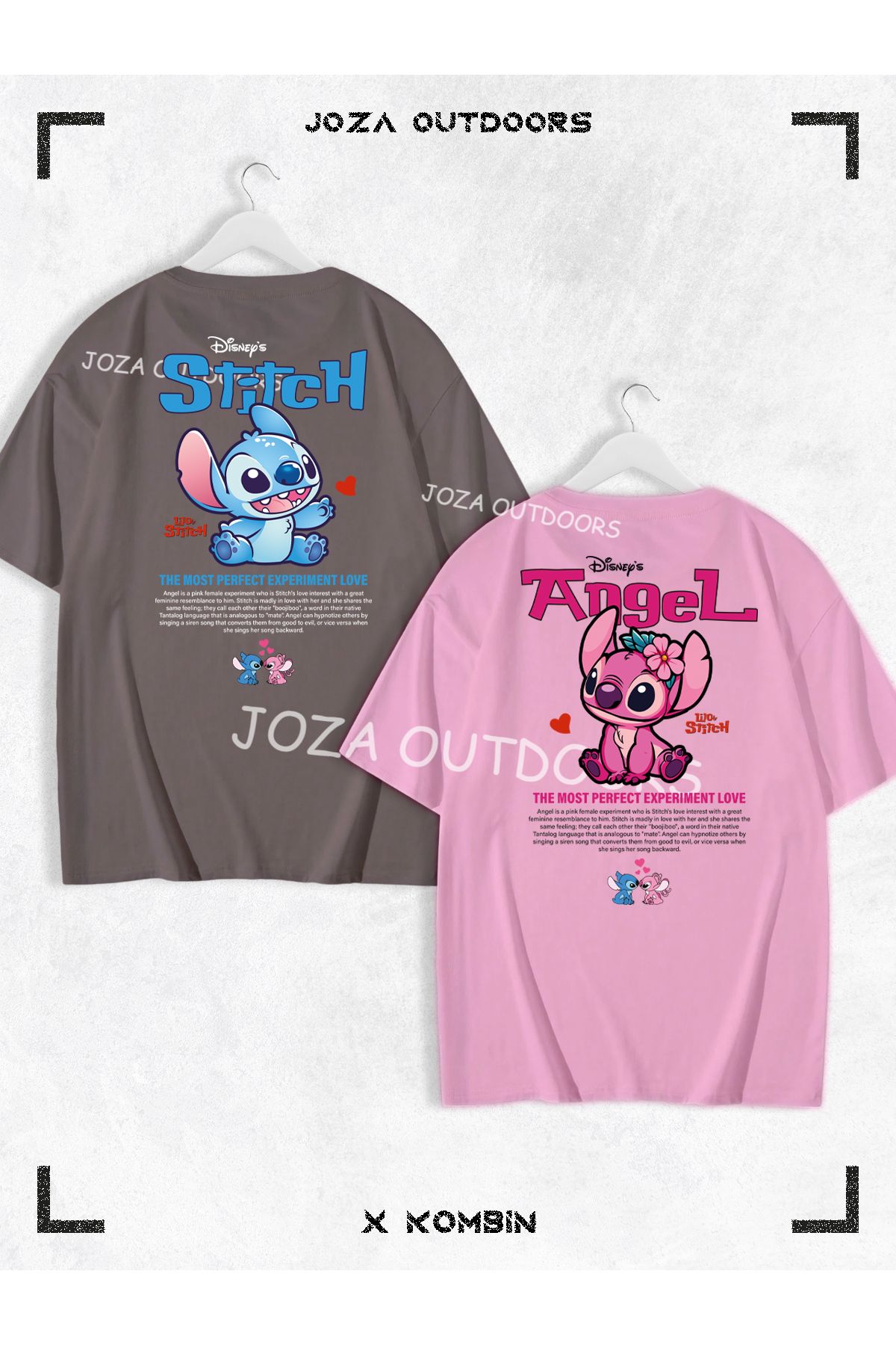 Joza Outdoors Kadın Erkek Lilo Angel Stitch Yazılı SIRT Baskılı Sevgili Çift Kombini Oversize Tshirt 2'li Takım