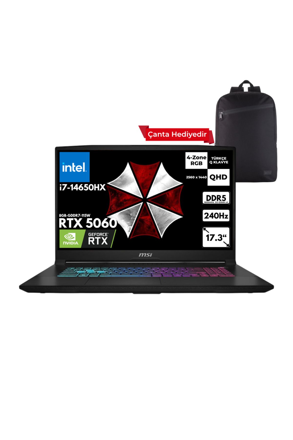 MSI KATANA 17 i7-14650HX 16GB 4 TBSSD RTX5060 (8GB) 17.3" Win10 Pro + Sırt Ç. B14WFK-215XTRHMF56
