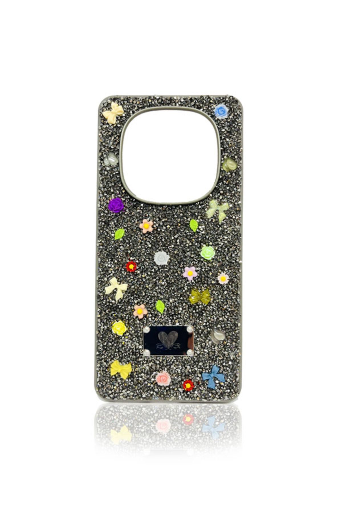 BCASE Redmi Note 14 Pro 4G Taşlı Kılıf Fiyonk ve Çiçek Desenli Kılıf