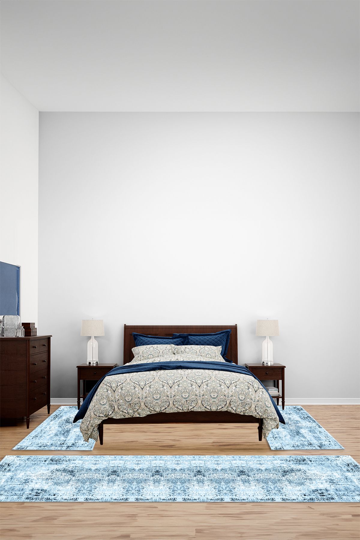 Viyana Home Dijital Kaymaz Klasik Etnik Model Yıkanabilir Üçlü Yatak Odası Halısı, YO-KLASİK-120-MAVİ,