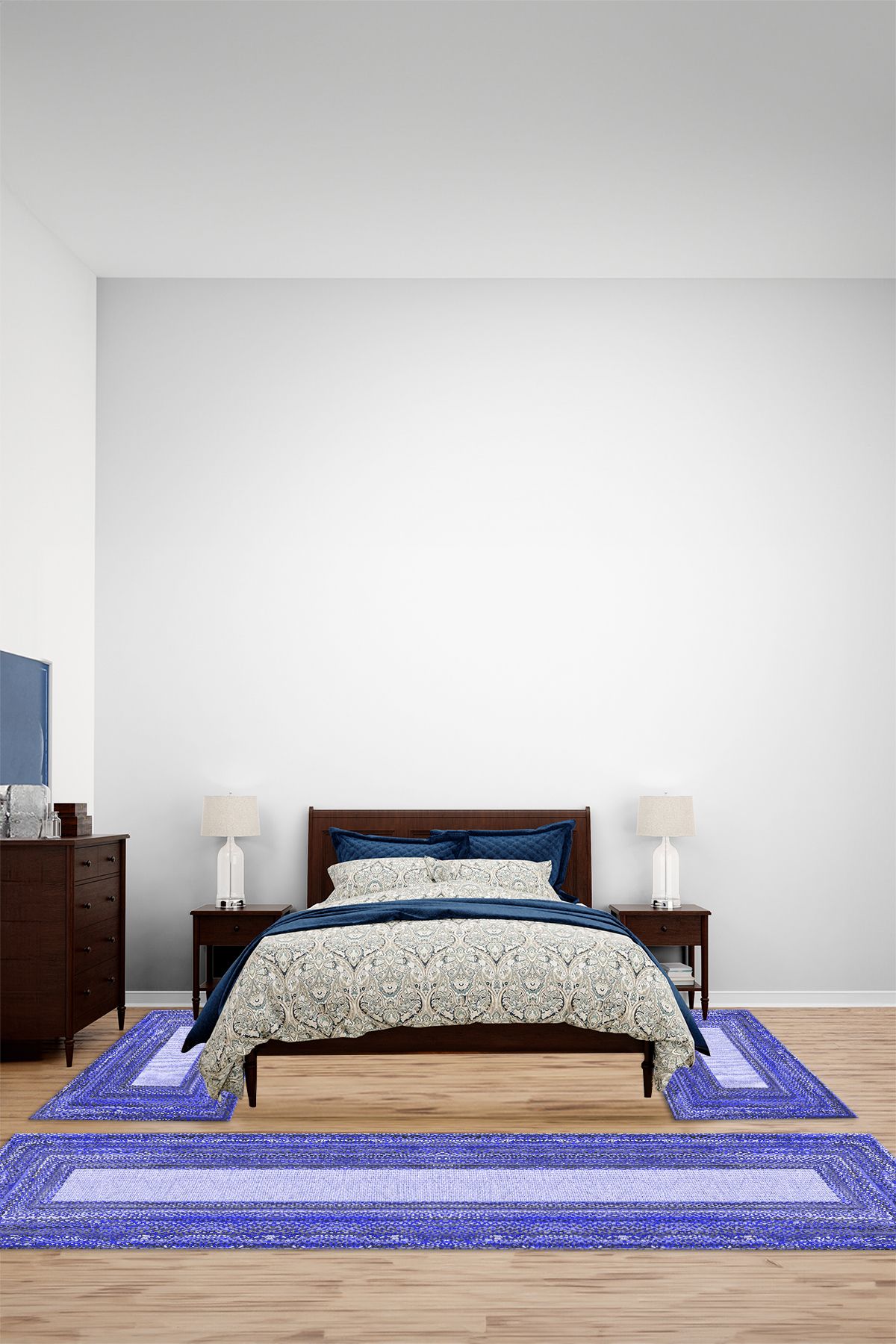 Viyana Home Dijital Kaymaz Taban Hasır Desen Jüt Model Yıkanabilir Yatak Odası Takım Halısı, YO-JÜT-45-MAVİ,