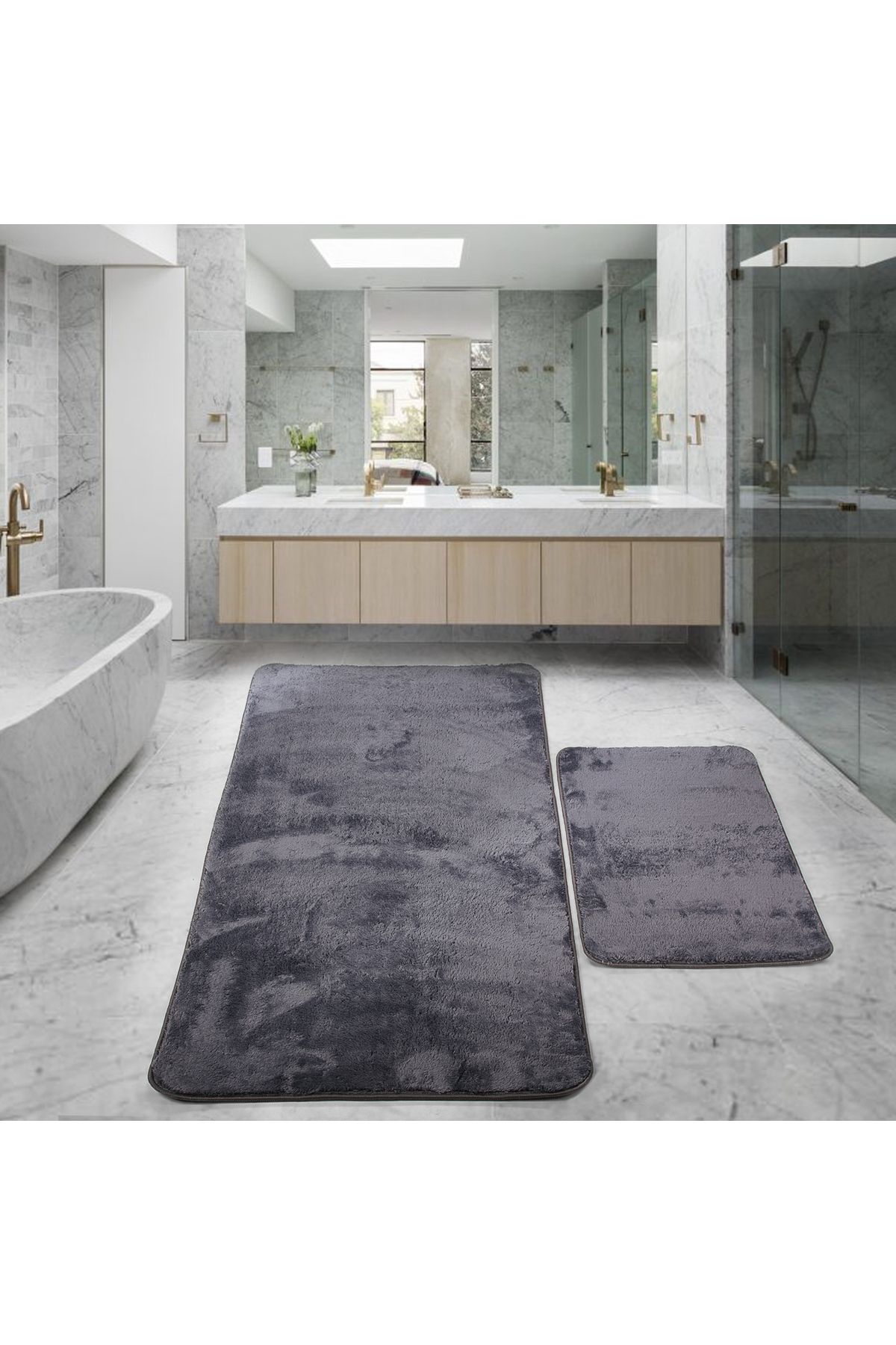 Bestekar LunaSoft Antrasit Büyük Boy Kaymaz Tabanlı Yumuşak Yıkanabilir Modern İkili Banyo Paspas Takımı